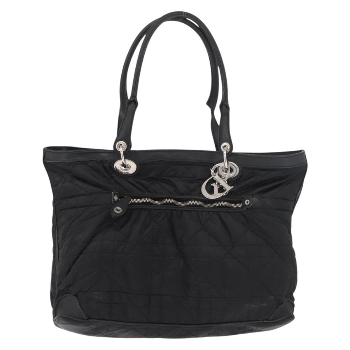 Christian Dior Lady Dior Tote Bag Nylon Black Silver Auth bs35408