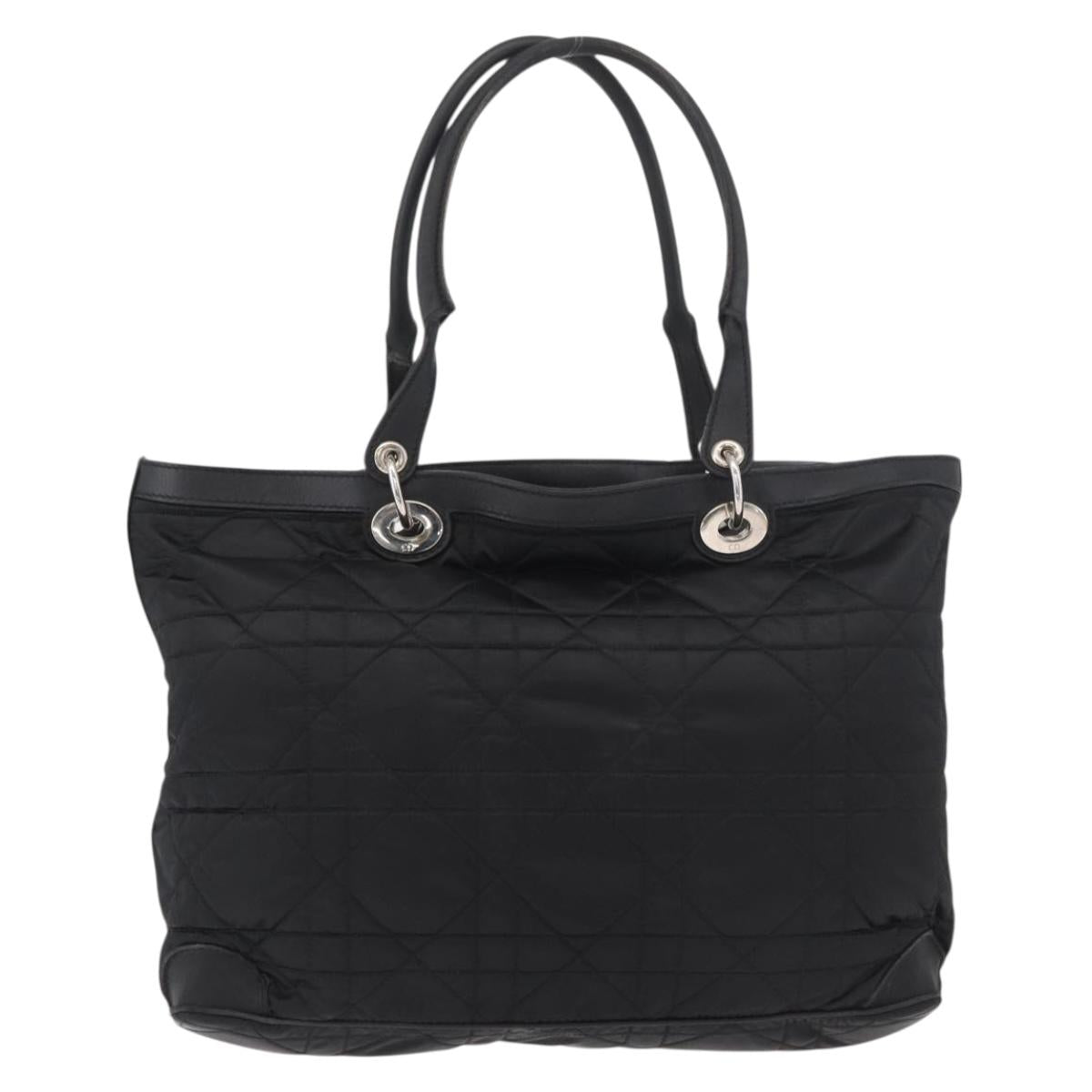 Christian Dior Lady Dior Tote Bag Nylon Black Silver Auth bs35408