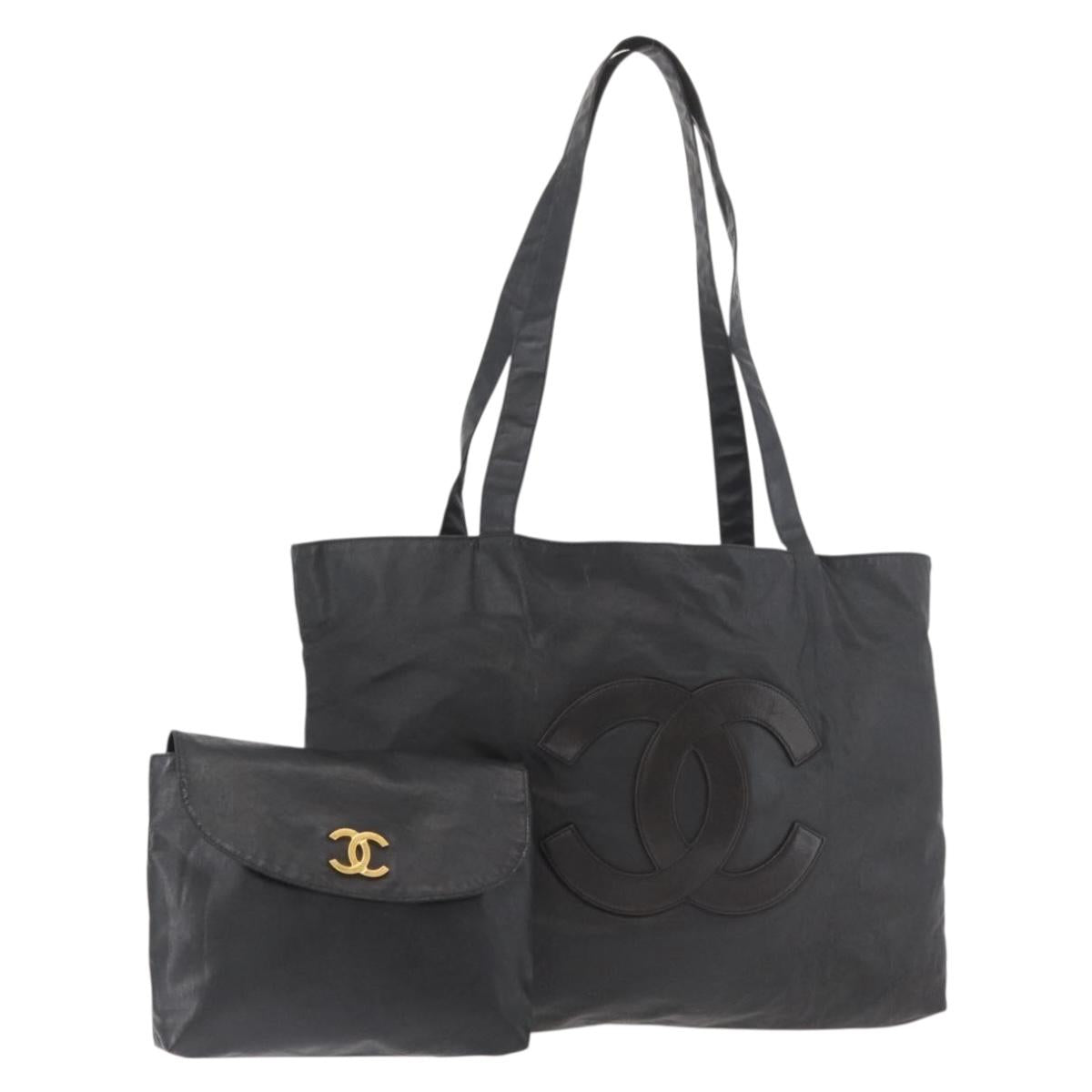CHANEL Tote Bag Coated Canvas Black Silver CC Auth bs35410