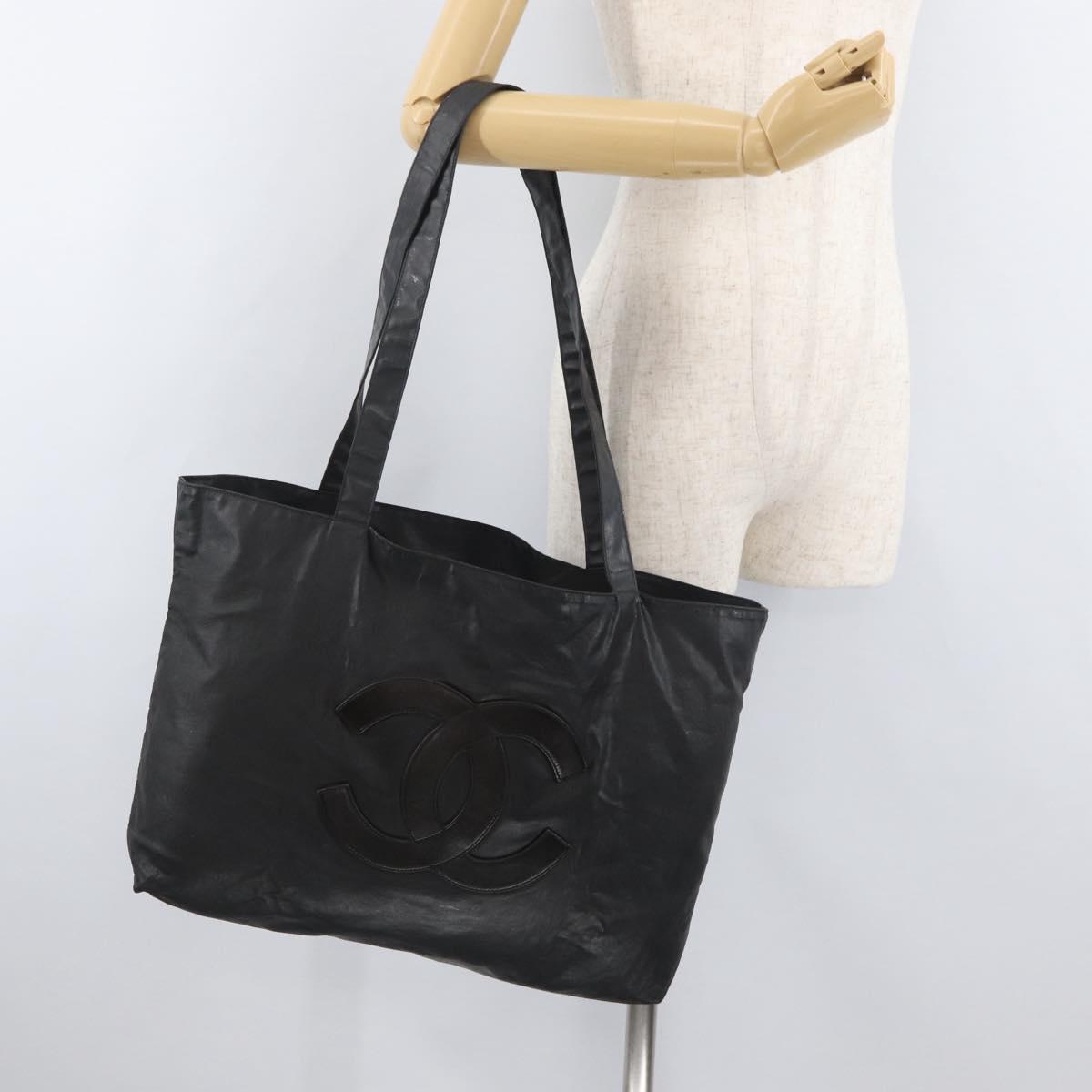 CHANEL Tote Bag Coated Canvas Black Silver CC Auth bs35410