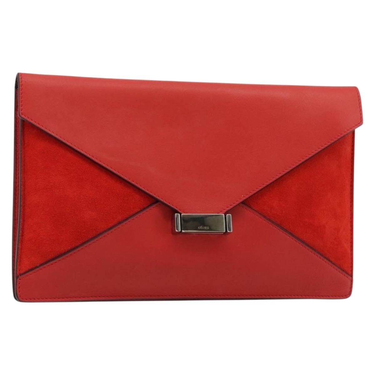 CELINE Clutch Bag Leather Red Silver Auth bs35432A