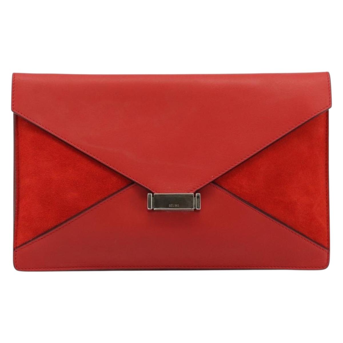 CELINE Clutch Bag Leather Red Silver Auth bs35432A