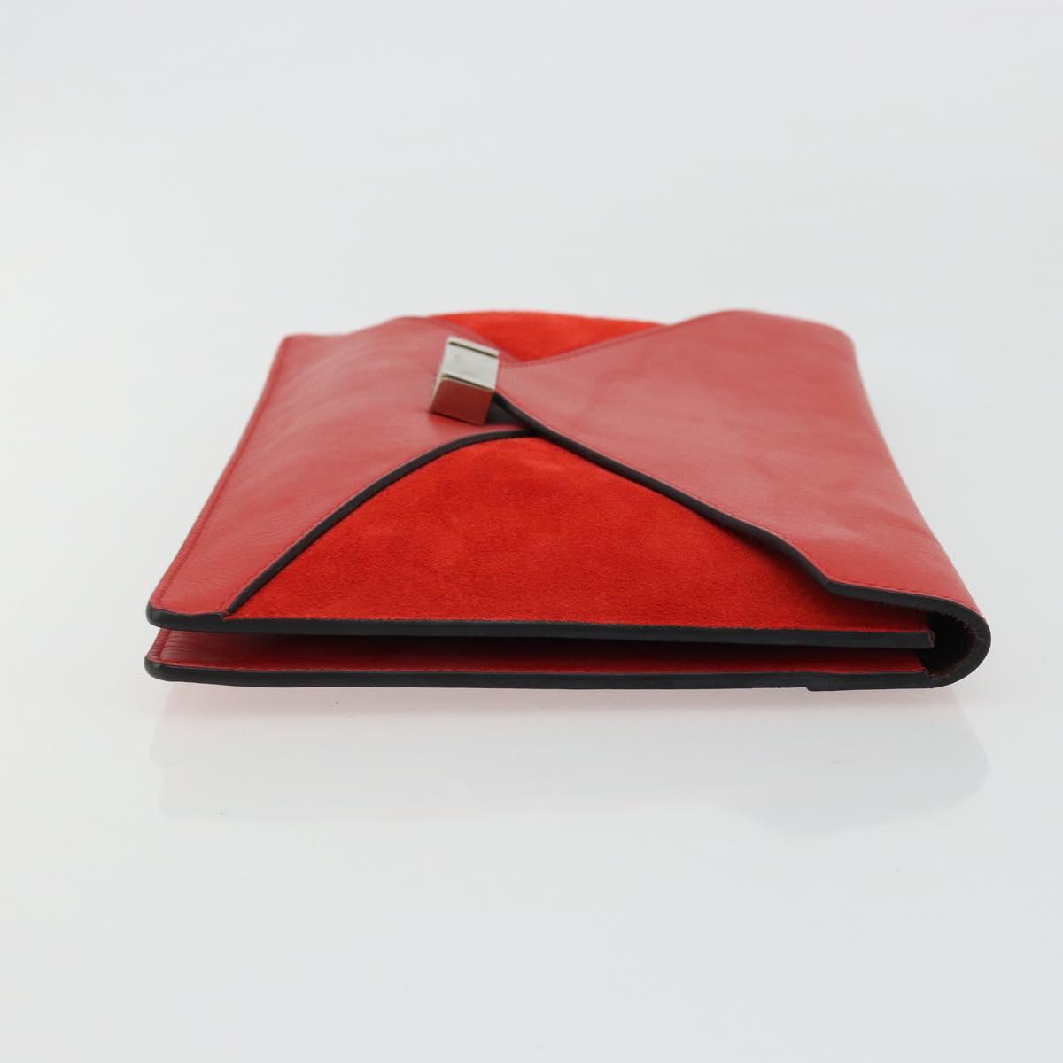 CELINE Clutch Bag Leather Red Silver Auth bs35432A