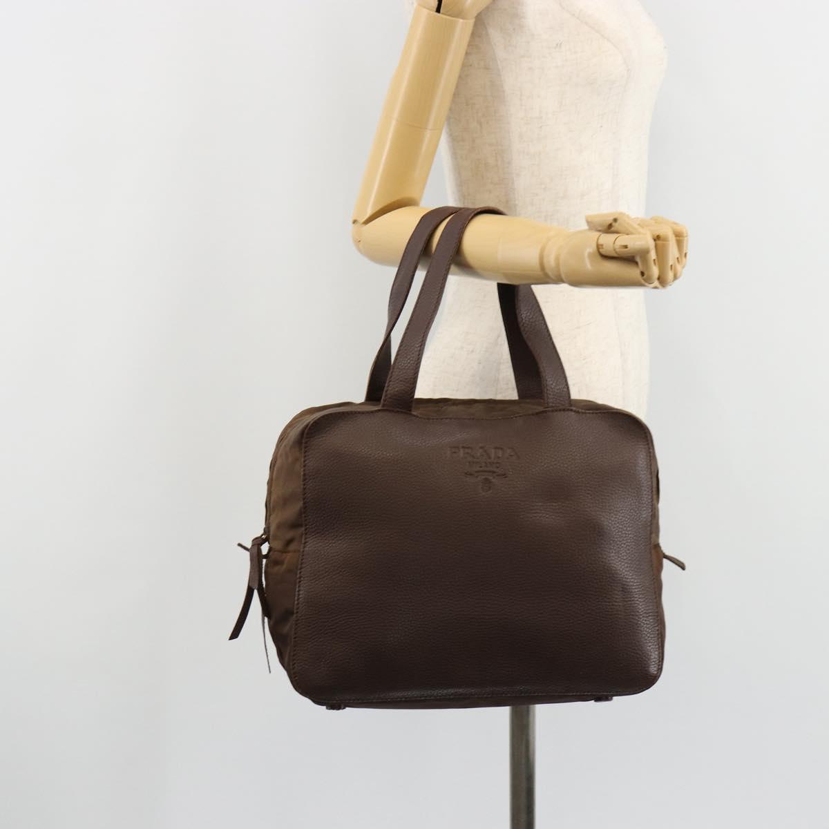 PRADA Hand Bag Leather Brown Gold Auth bs35442