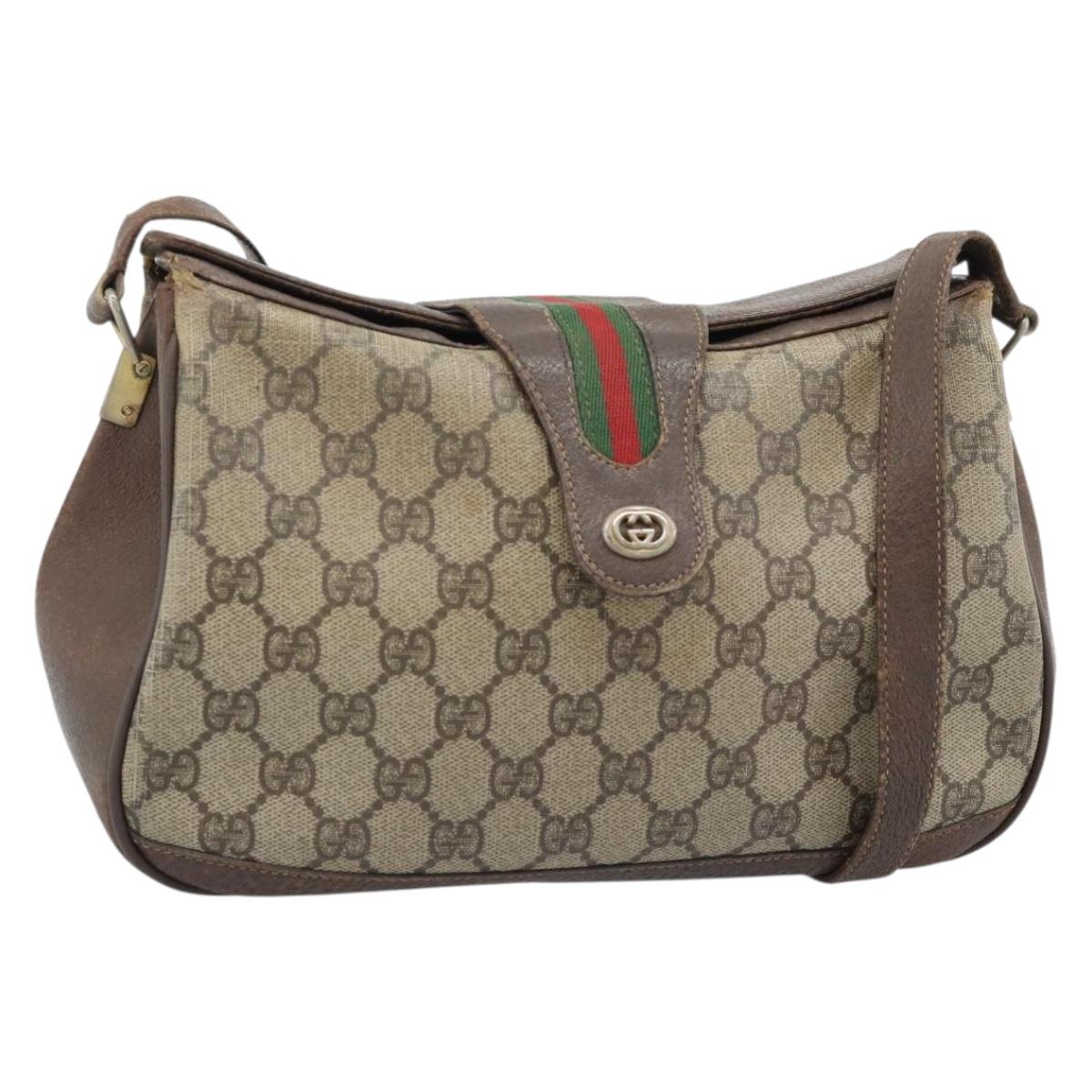 GUCCI GG Supreme Web Sherry Line Bag PVC Beige Gold 116 02 076 Auth bs35456