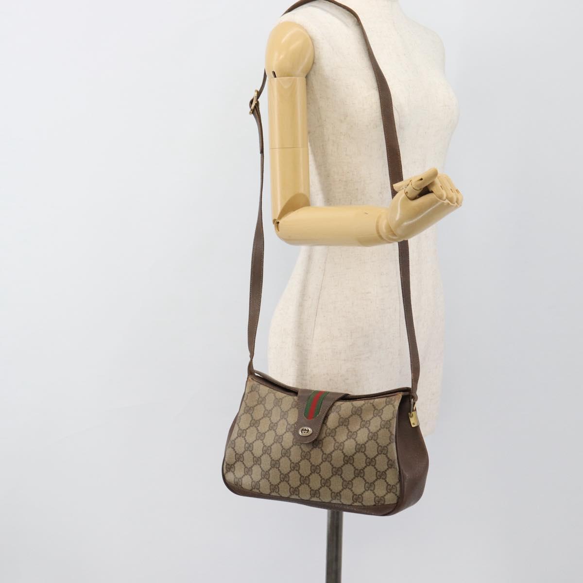 GUCCI GG Supreme Web Sherry Line Bag PVC Beige Gold 116 02 076 Auth bs35456