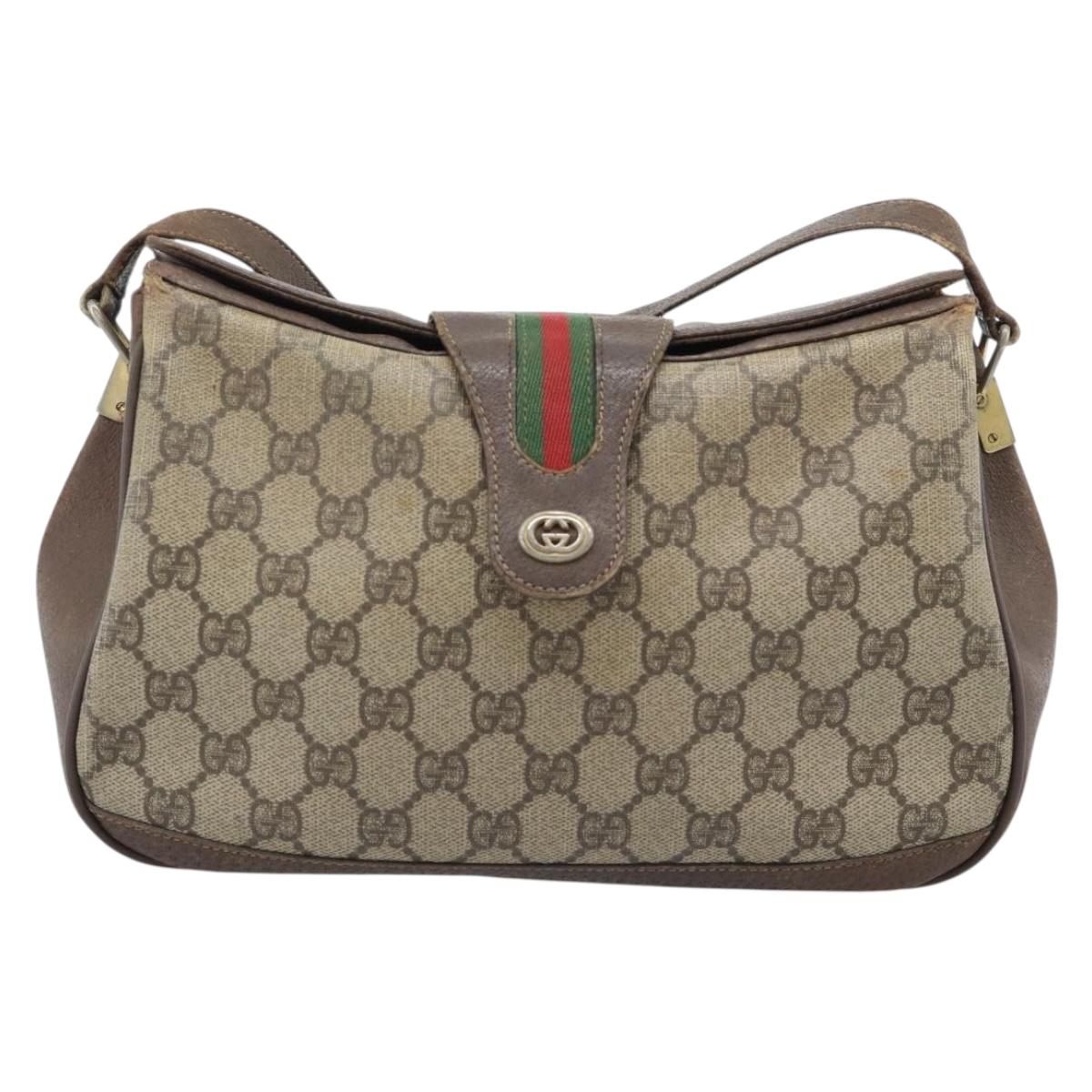 GUCCI GG Supreme Web Sherry Line Bag PVC Beige Gold 116 02 076 Auth bs35456