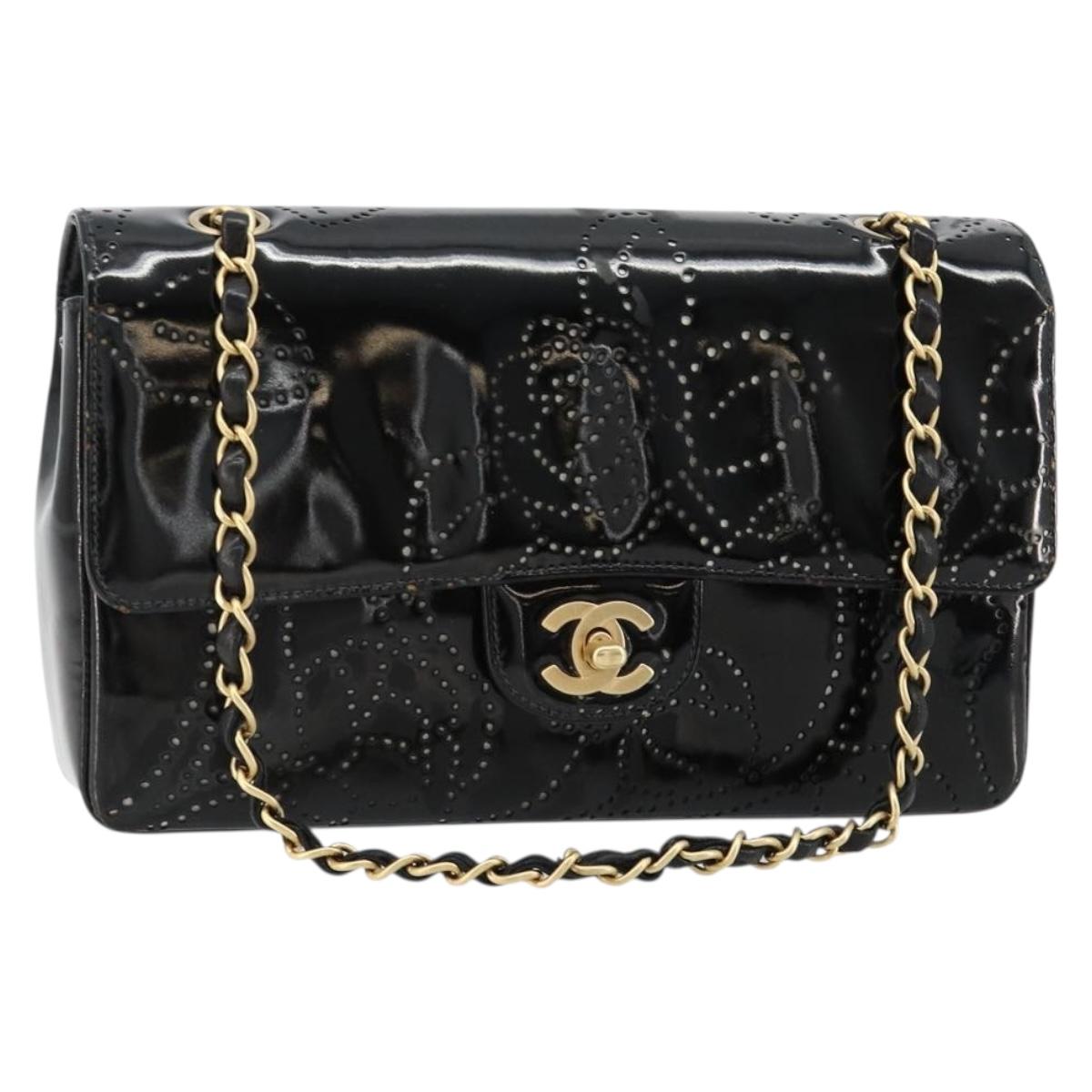 CHANEL Chain Shoulder Bag Patent Leather Black Gold CC Auth bs35471A