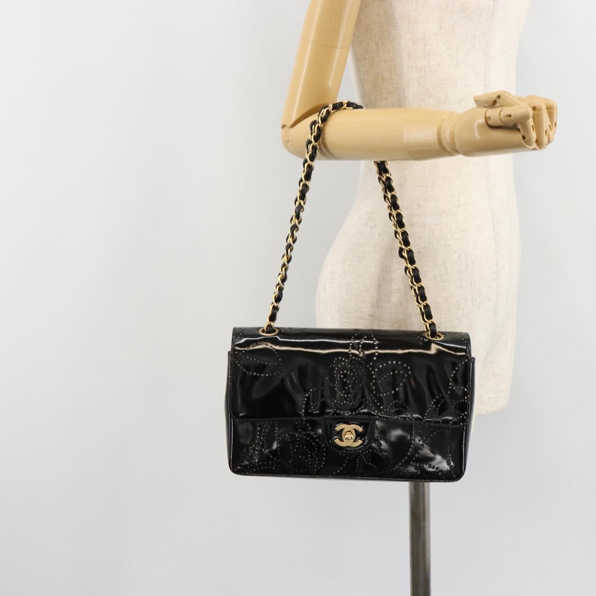 CHANEL Chain Shoulder Bag Patent Leather Black Gold CC Auth bs35471A