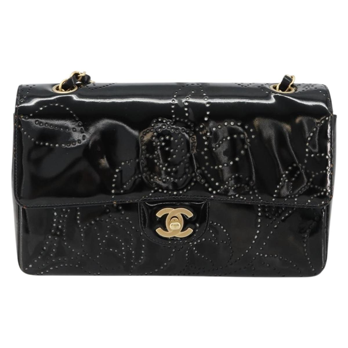 CHANEL Chain Shoulder Bag Patent Leather Black Gold CC Auth bs35471A