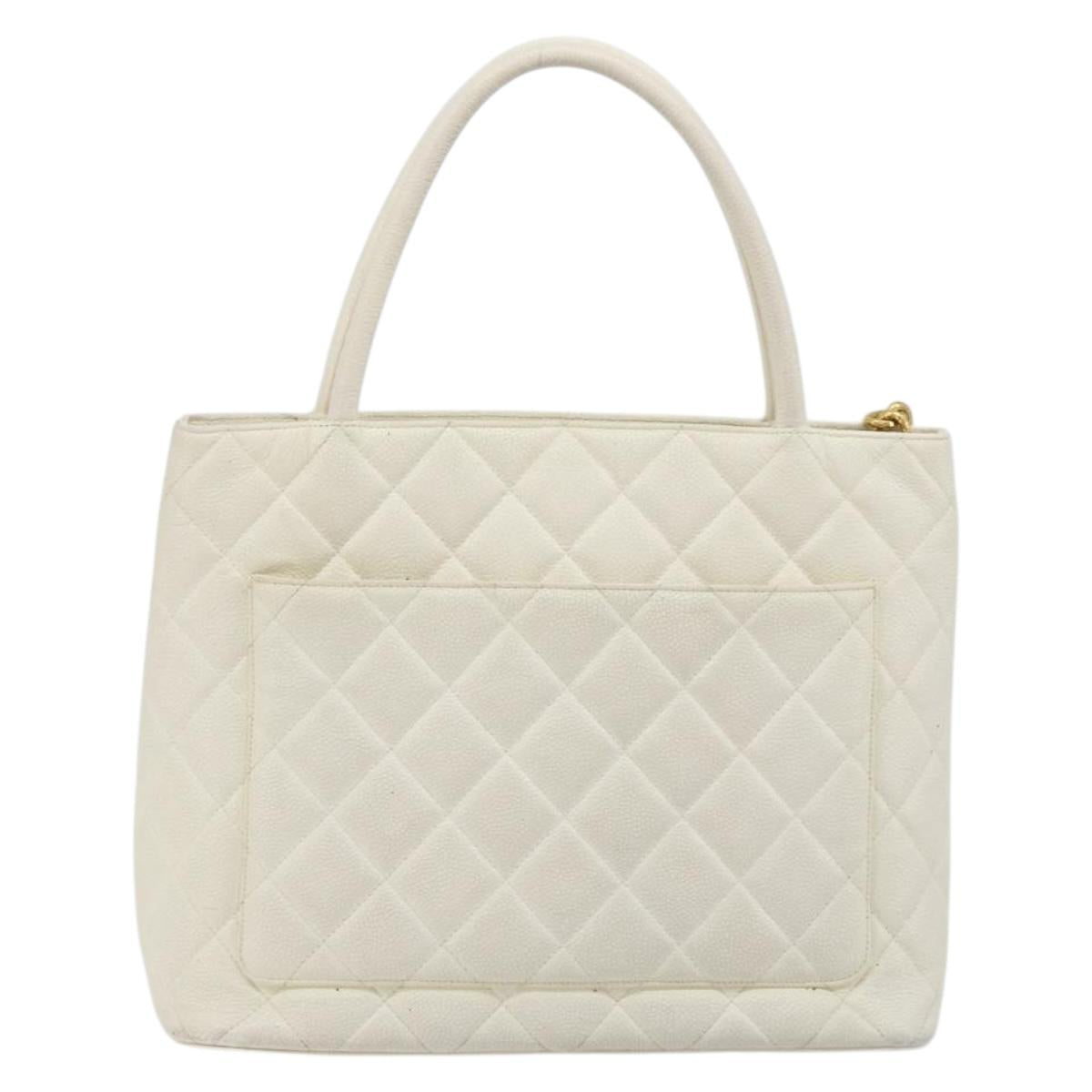 CHANEL Reissue Tote Bag Caviar Skin White Gold CC Auth bs35475
