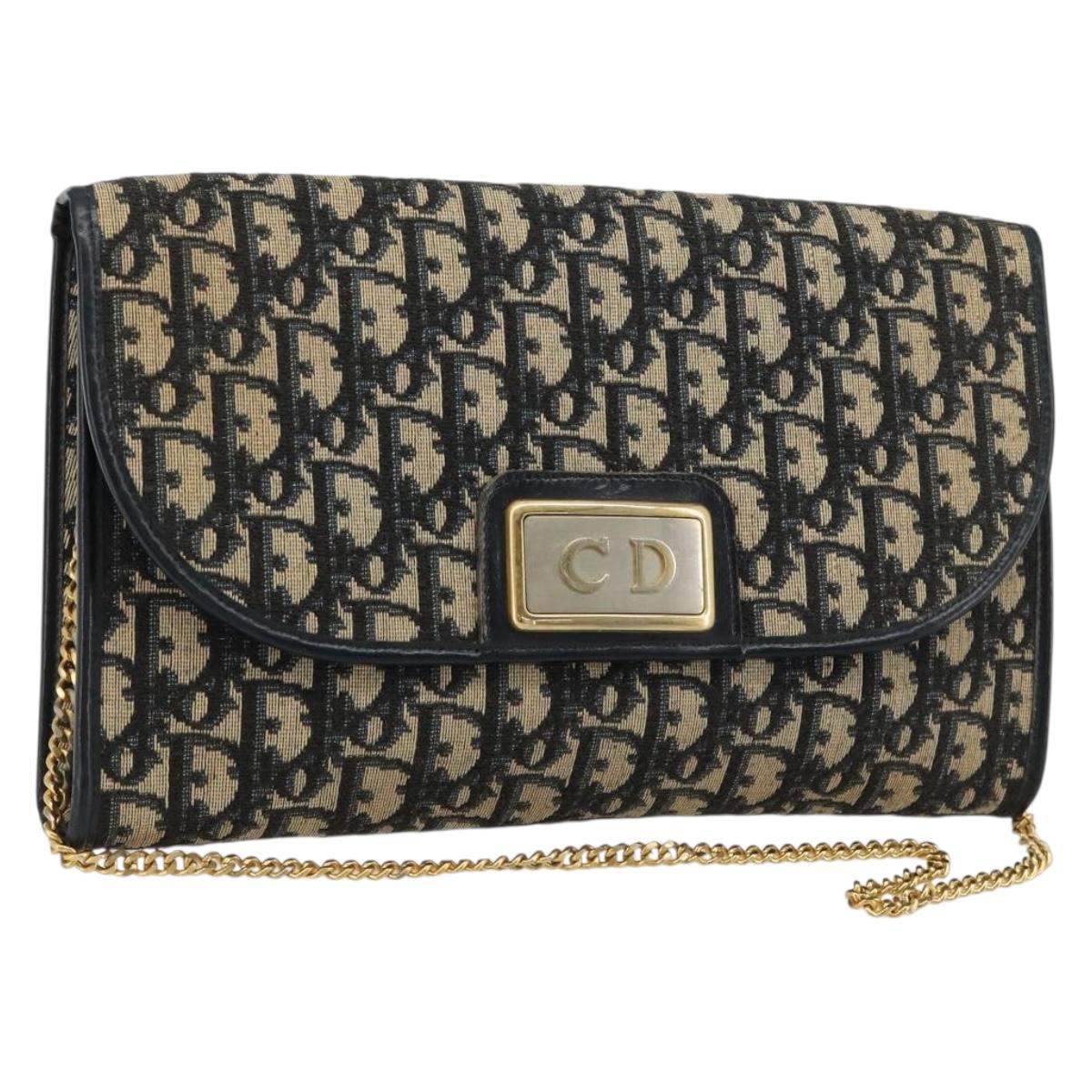 Christian Dior Trotter Canvas Chain Shoulder Bag Navy Gold Auth bs35490