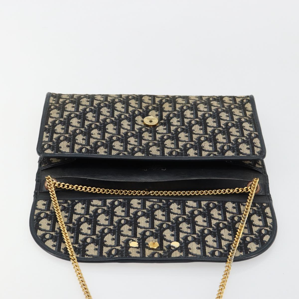 Christian Dior Trotter Canvas Chain Shoulder Bag Navy Gold Auth bs35490