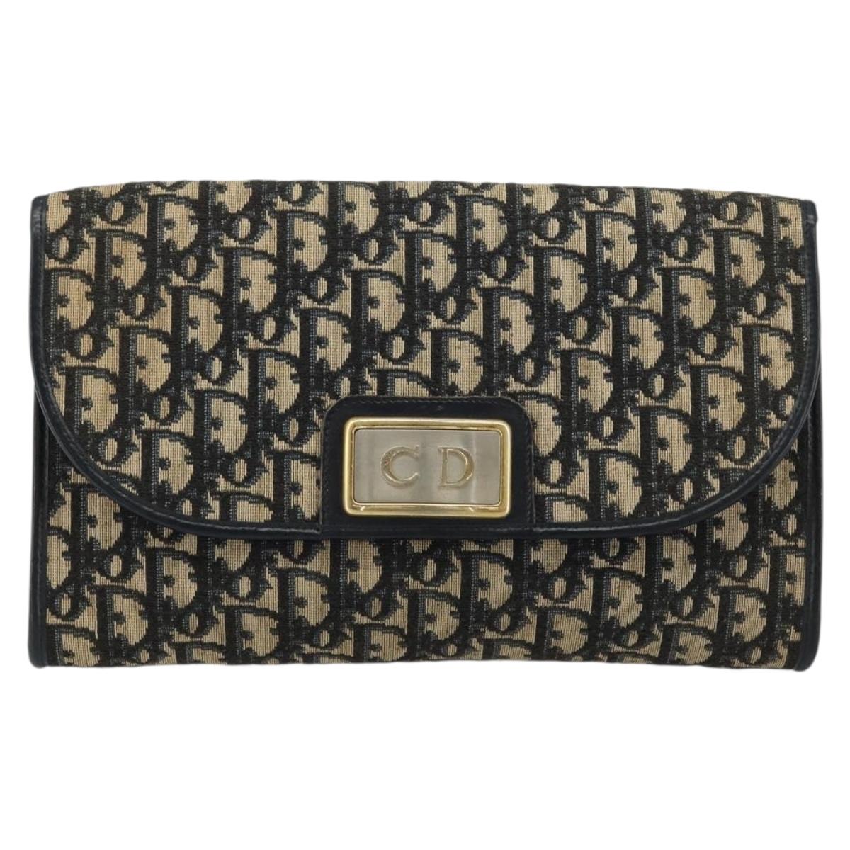 Christian Dior Trotter Canvas Chain Shoulder Bag Navy Gold Auth bs35490