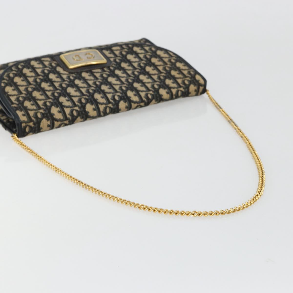 Christian Dior Trotter Canvas Chain Shoulder Bag Navy Gold Auth bs35490