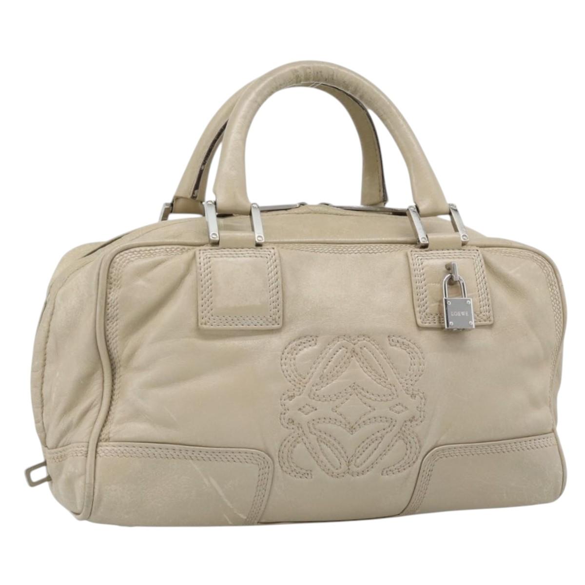 LOEWE Anagram Hand Bag Leather Beige Silver Auth bs35492