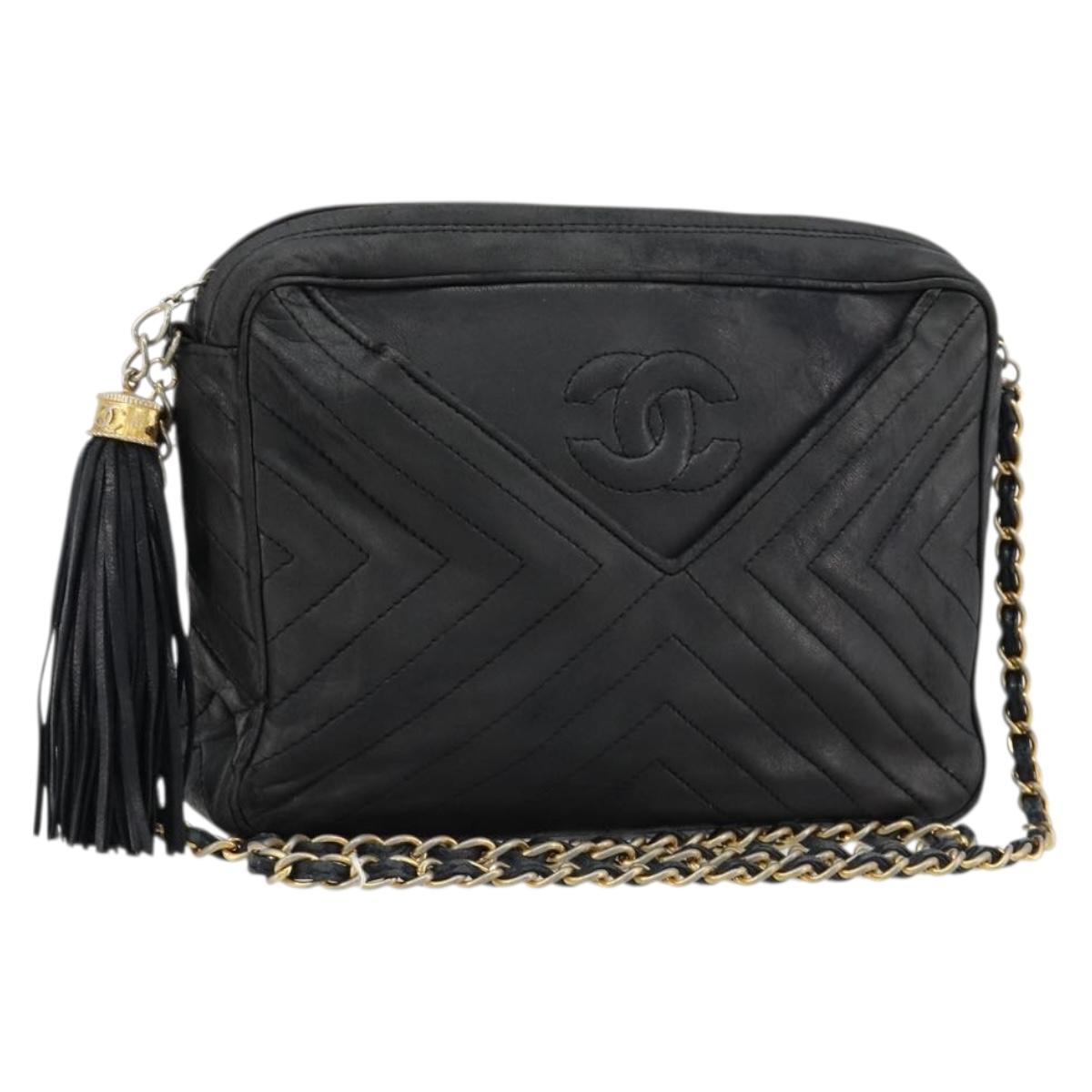 CHANEL Chain Shoulder Bag Lamb Skin Black Gold CC Auth bs35493