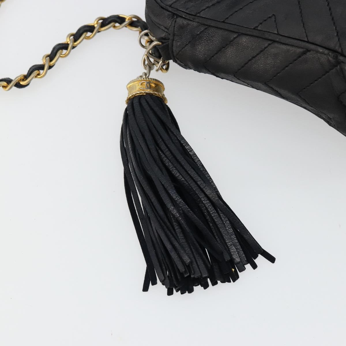 CHANEL Chain Shoulder Bag Lamb Skin Black Gold CC Auth bs35493