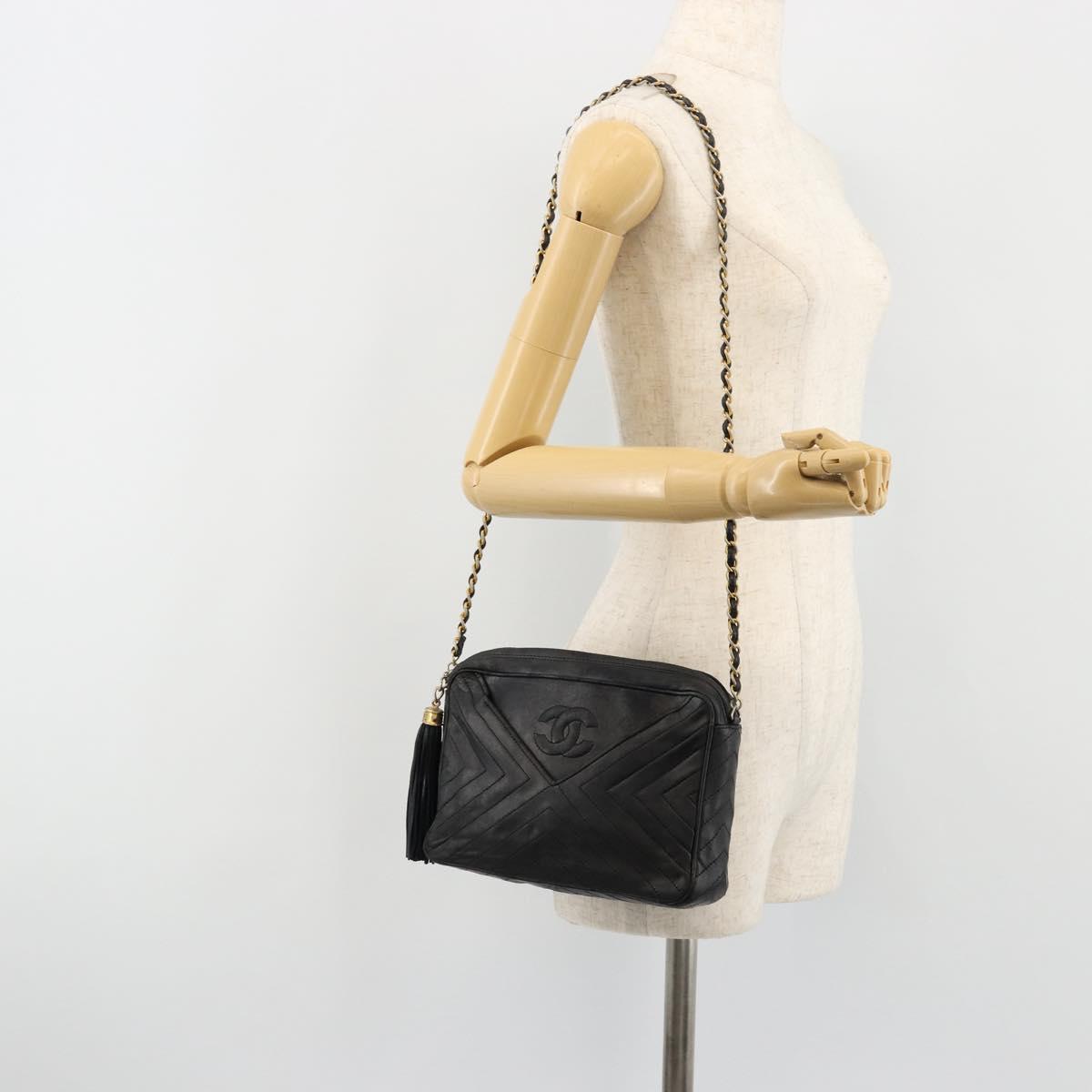 CHANEL Chain Shoulder Bag Lamb Skin Black Gold CC Auth bs35493