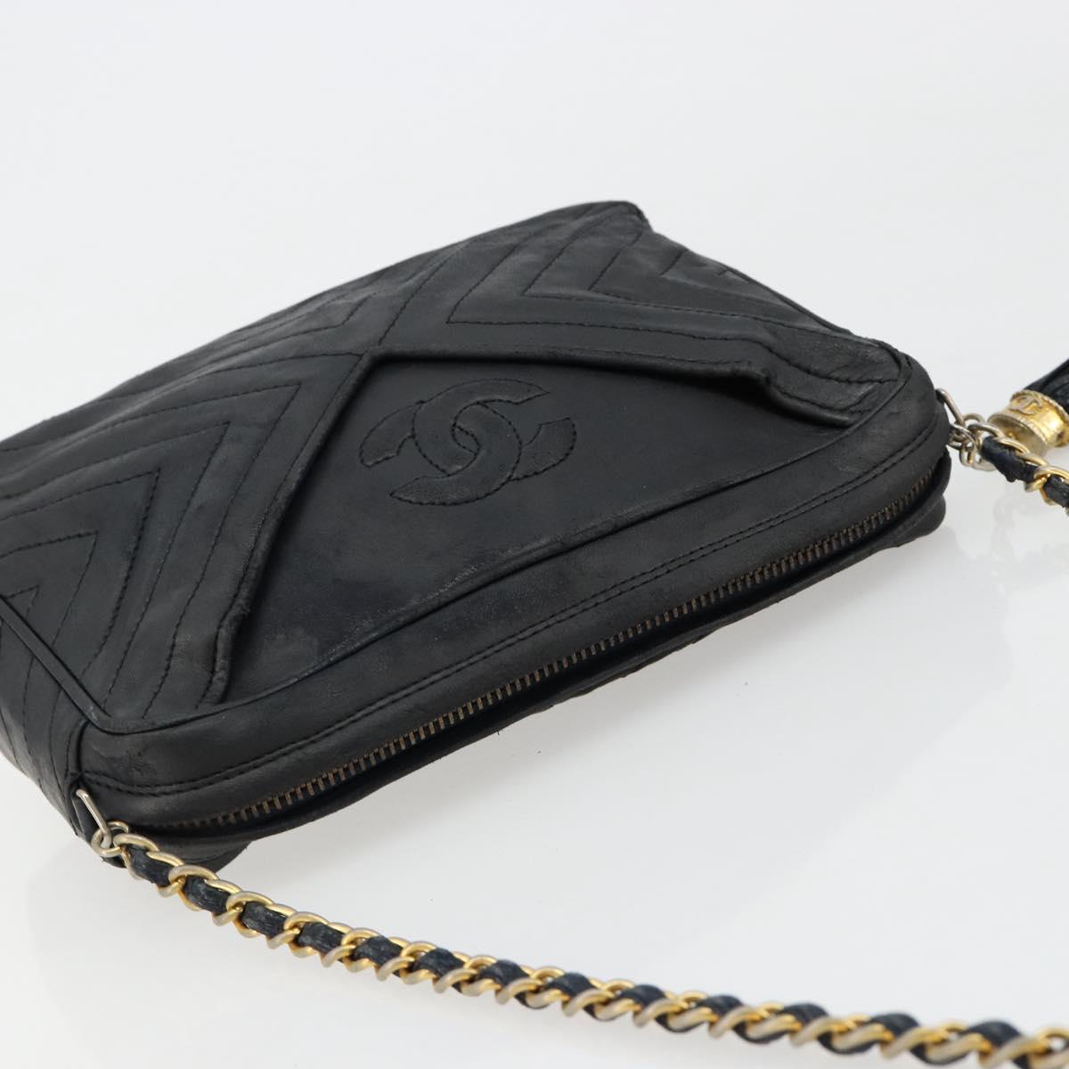 CHANEL Chain Shoulder Bag Lamb Skin Black Gold CC Auth bs35493