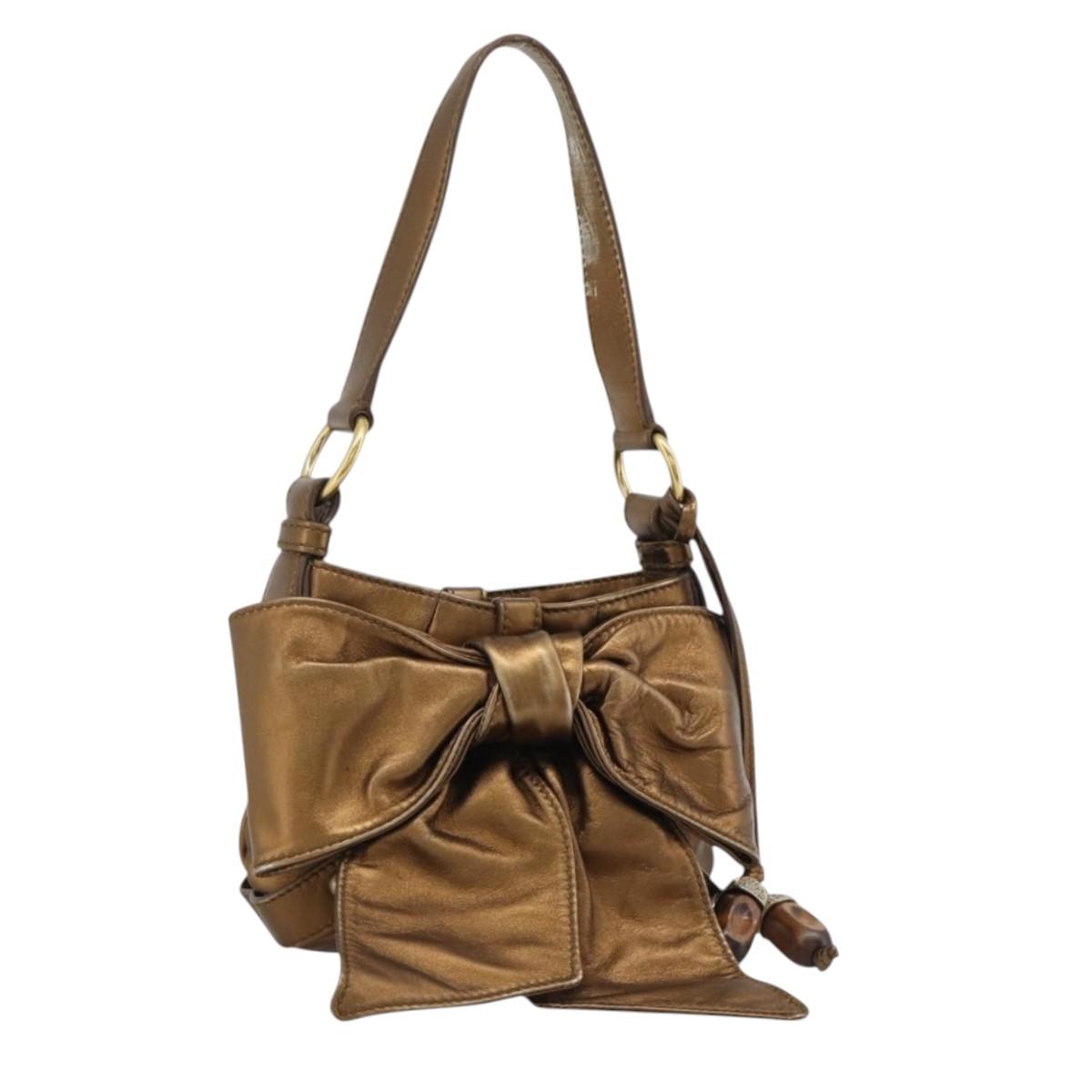 SAINT LAURENT Shoulder Bag Leather Bronze Gold Auth bs35494