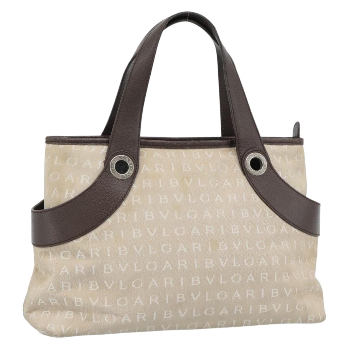 BVLGARI Logo Mania Hand Bag Canvas Beige Silver Auth bs35496