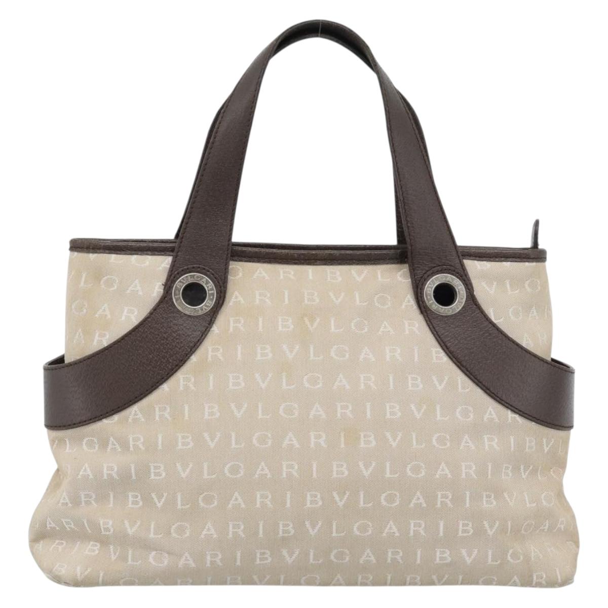 BVLGARI Logo Mania Hand Bag Canvas Beige Silver Auth bs35496