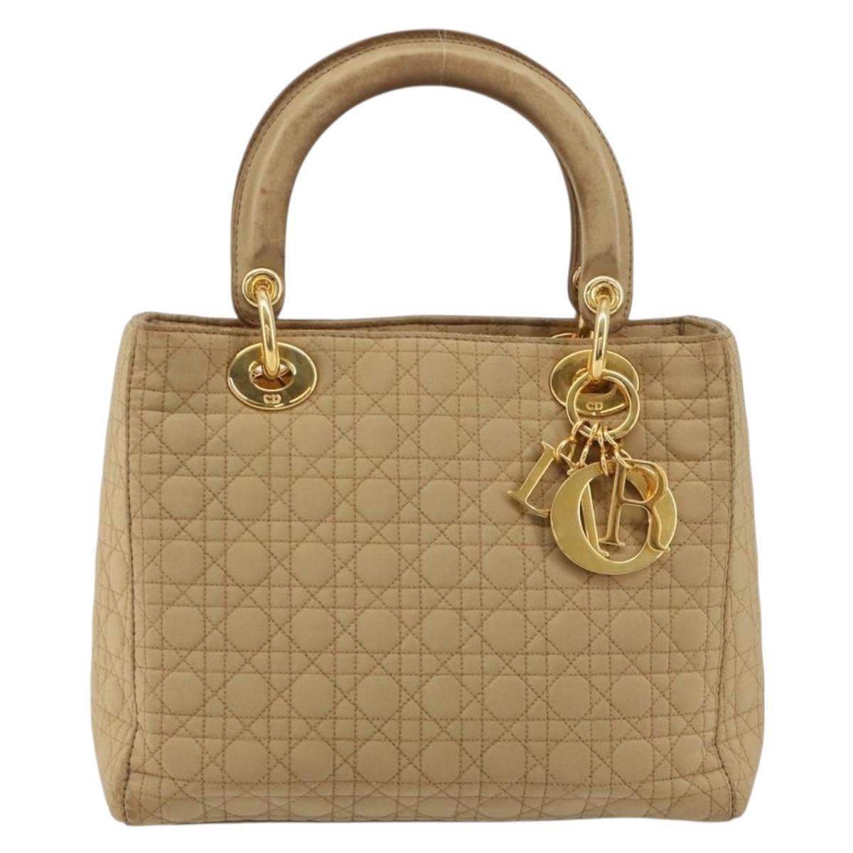 Christian Dior Lady Dior Hand Bag Canvas Beige Gold Auth bs35498