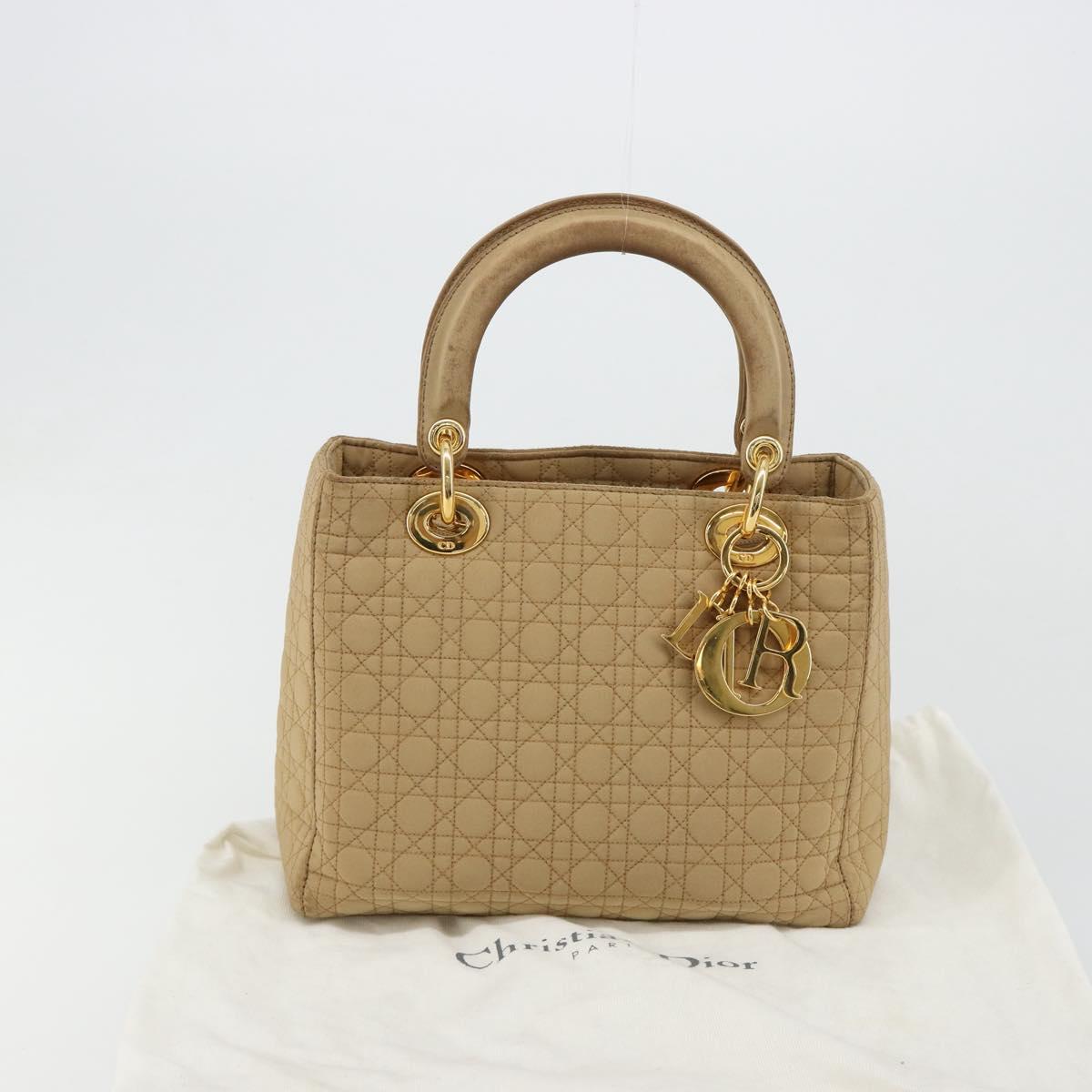 Christian Dior Lady Dior Hand Bag Canvas Beige Gold Auth bs35498