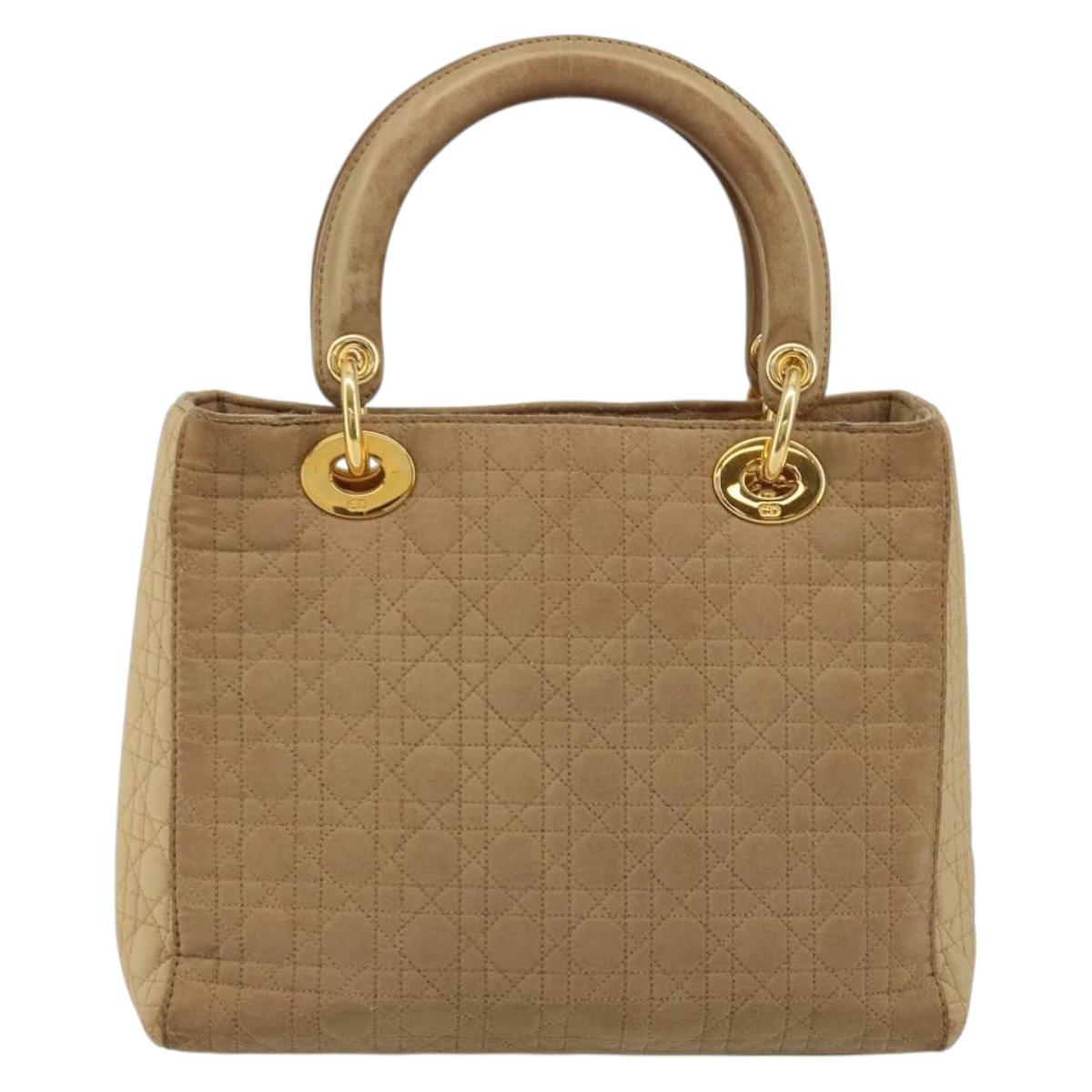 Christian Dior Lady Dior Hand Bag Canvas Beige Gold Auth bs35498