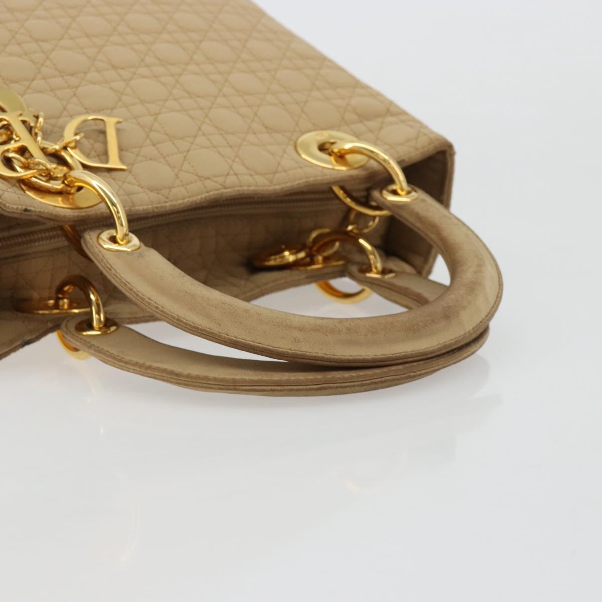 Christian Dior Lady Dior Hand Bag Canvas Beige Gold Auth bs35498