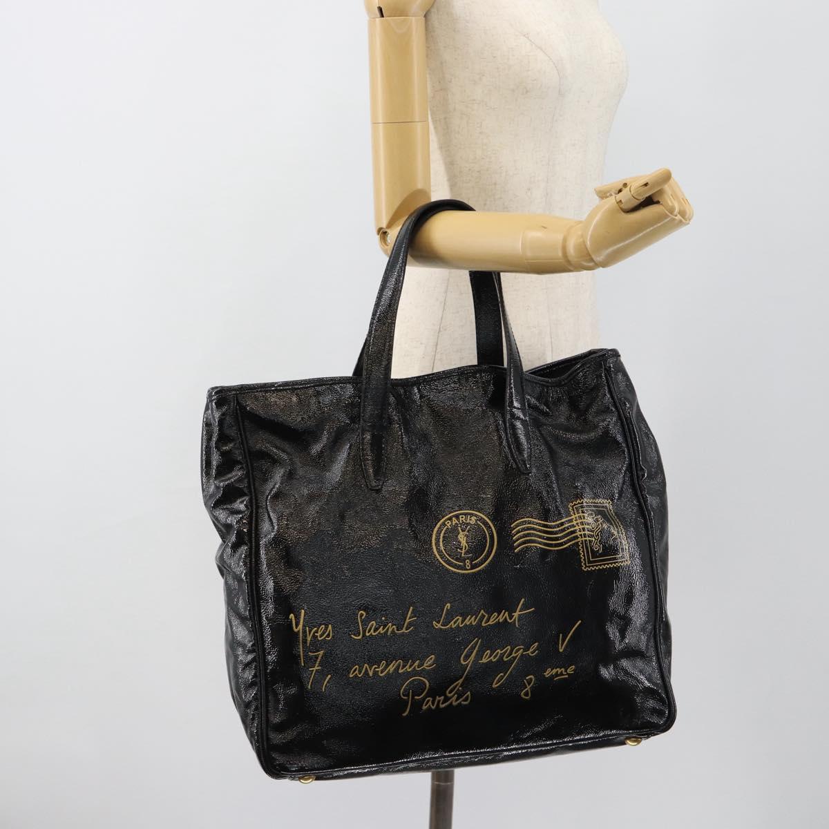 SAINT LAURENT Tote Bag Patent Leather Black Gold Auth bs35505
