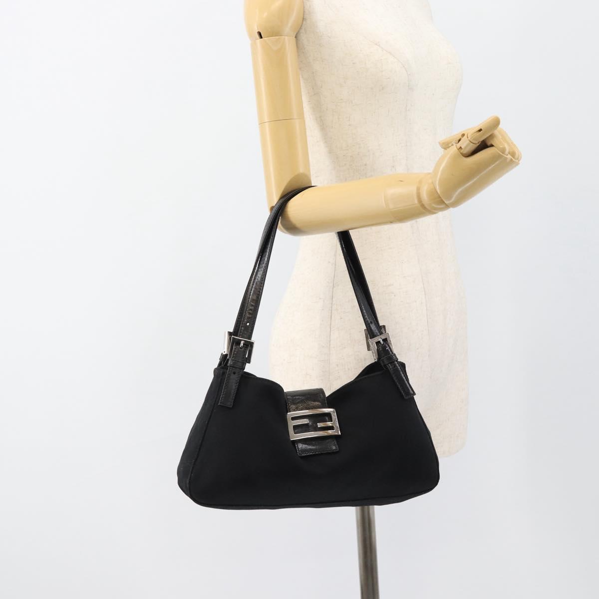 FENDI Mamma Baguette Shoulder Bag Cotton Jersey Black Silver Auth bs35506