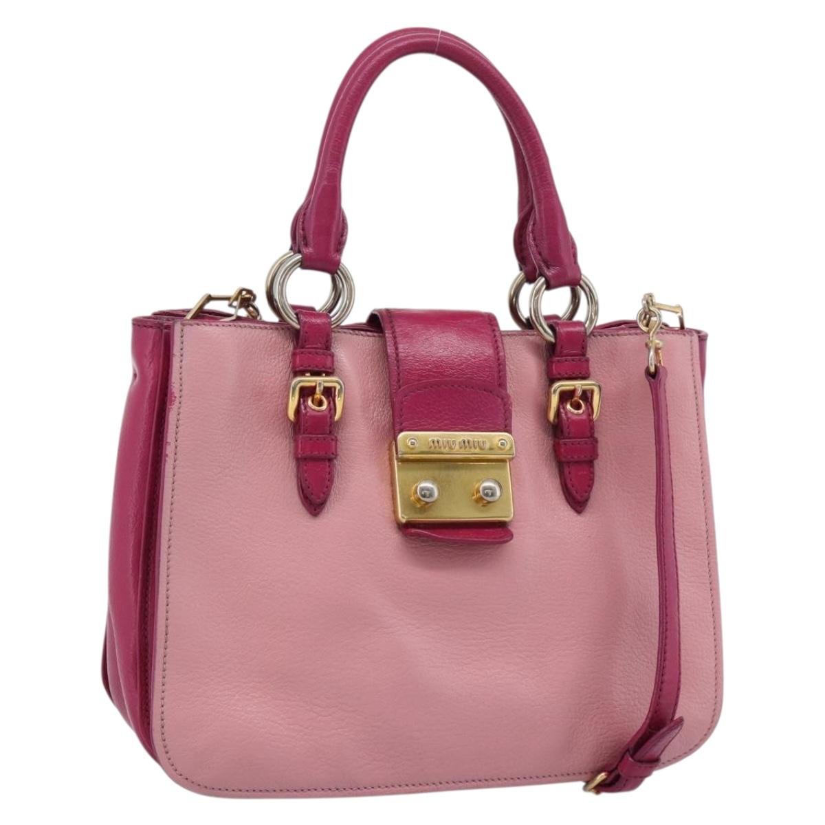 Miu Miu Madras Hand Bag Leather 2way Pink Gold Auth bs35509