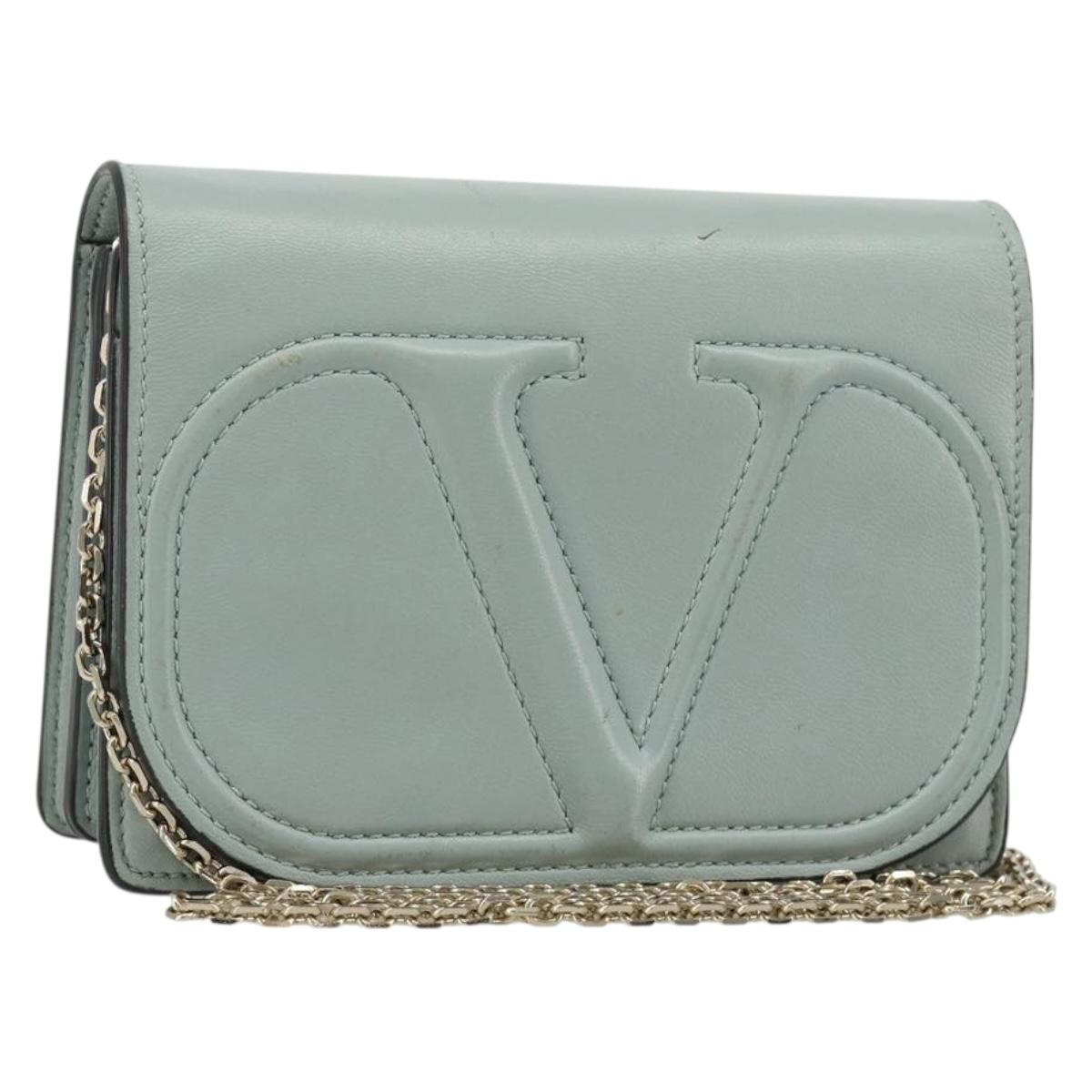 VALENTINO Chain Shoulder Bag Leather Light Blue Gold Auth bs35513