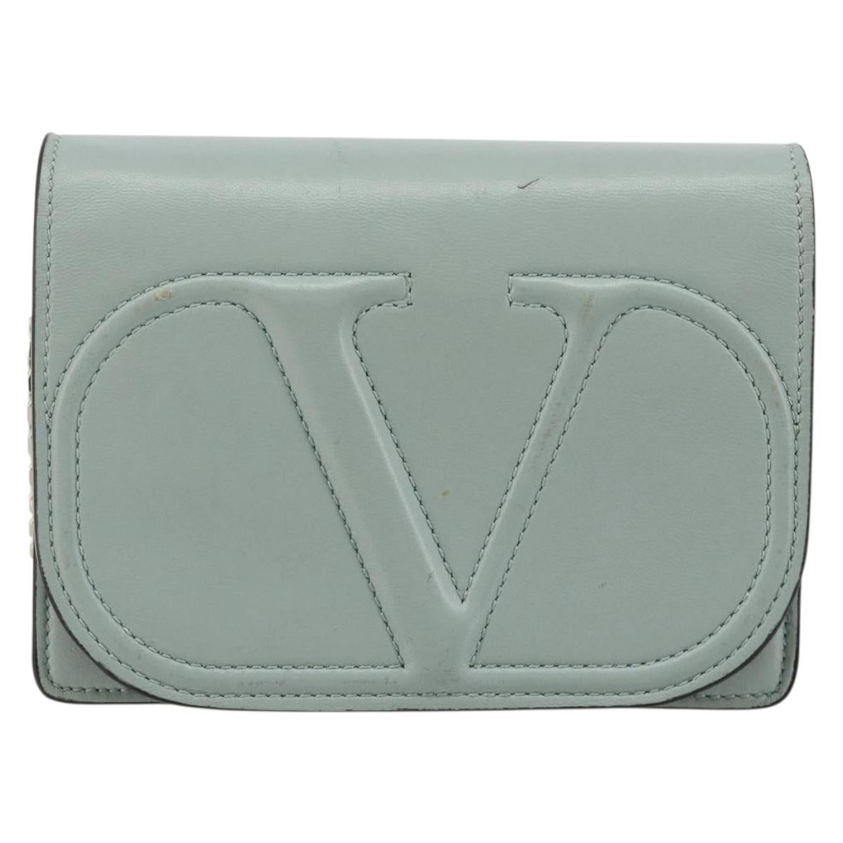 VALENTINO Chain Shoulder Bag Leather Light Blue Gold Auth bs35513