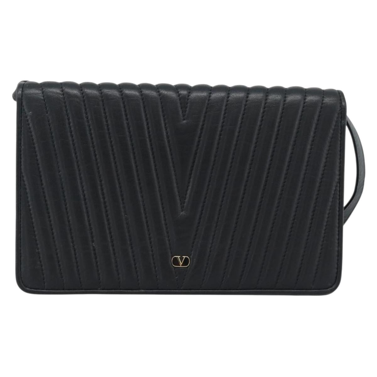 VALENTINO Shoulder Bag Leather Black Gold Auth bs35515