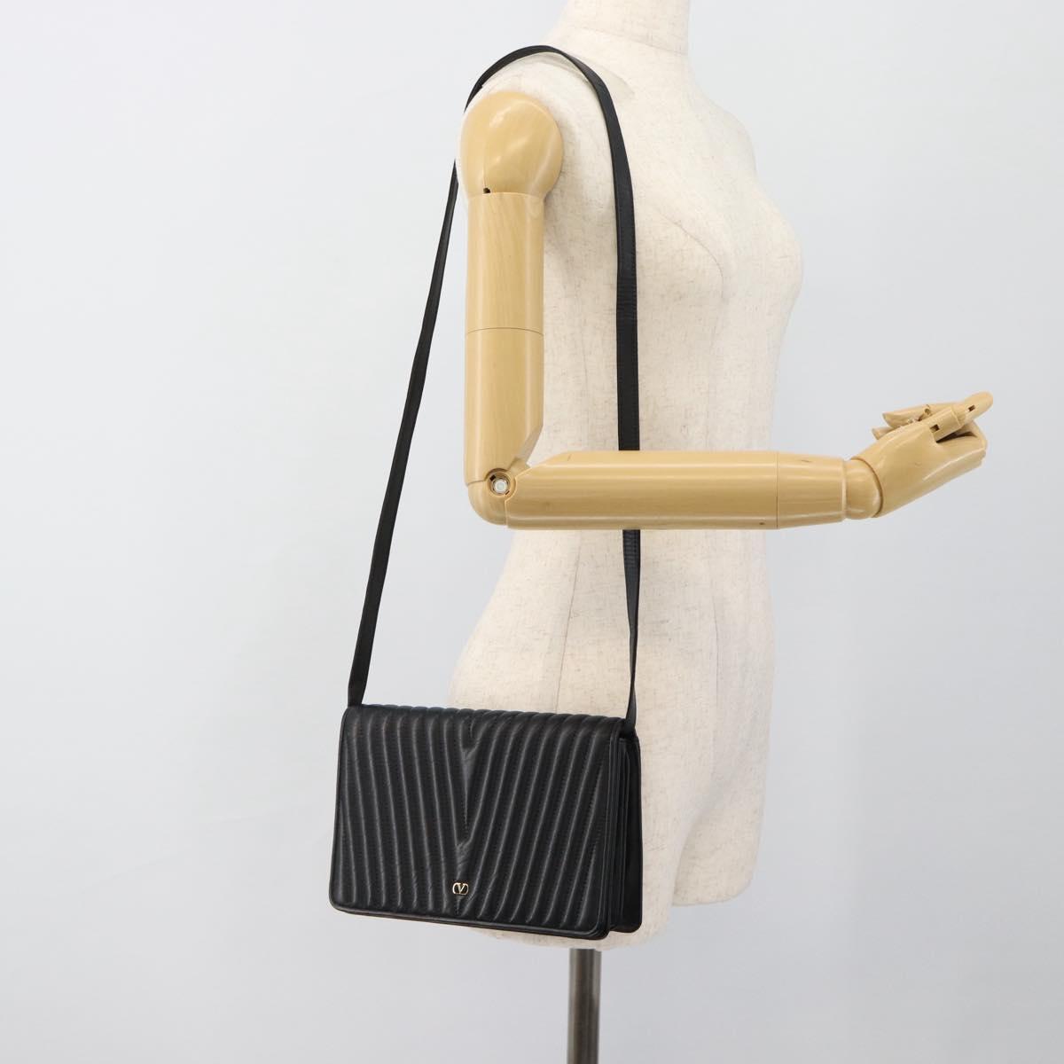 VALENTINO Shoulder Bag Leather Black Gold Auth bs35515