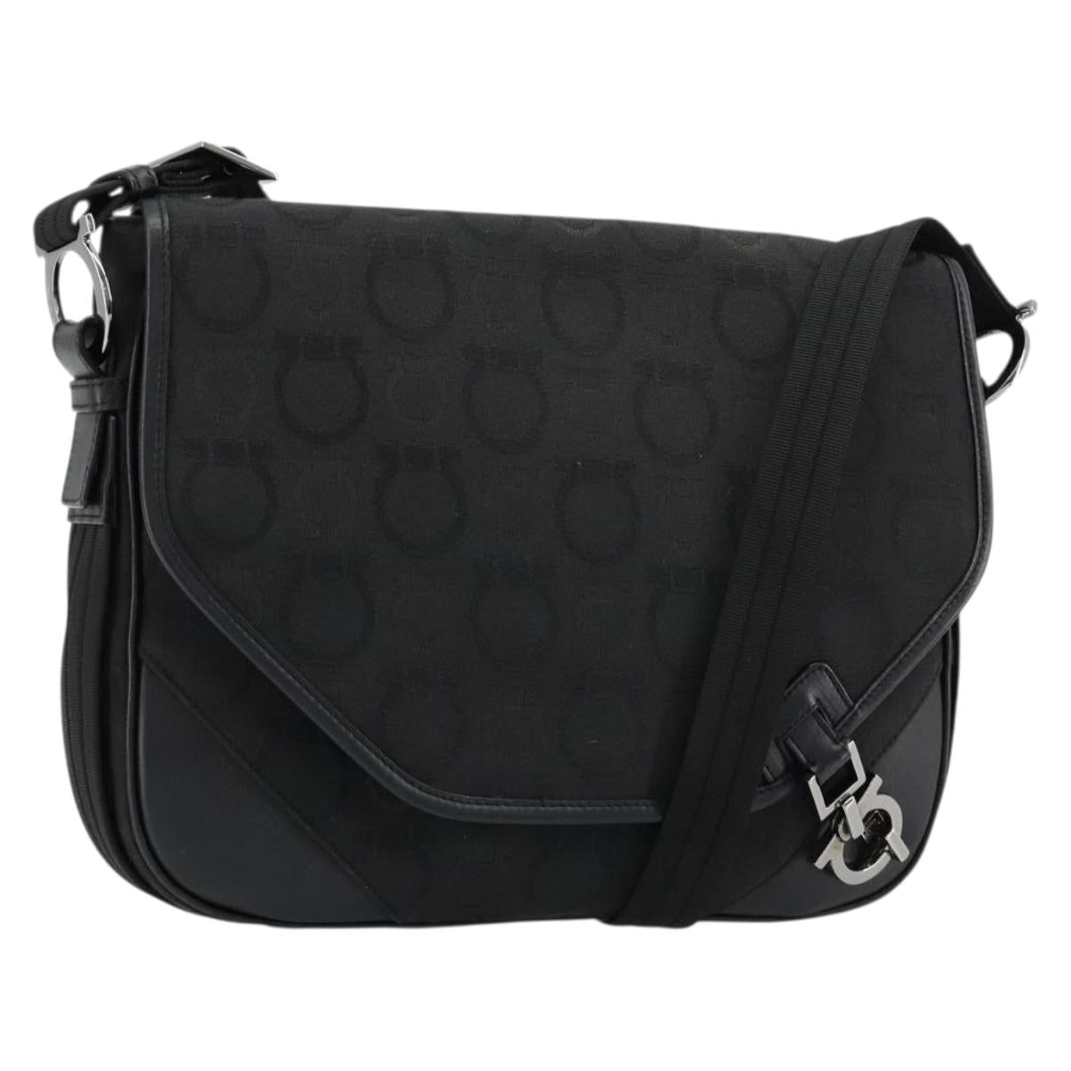 Salvatore Ferragamo Gancini Shoulder Bag Canvas Black Silver Auth bs35520