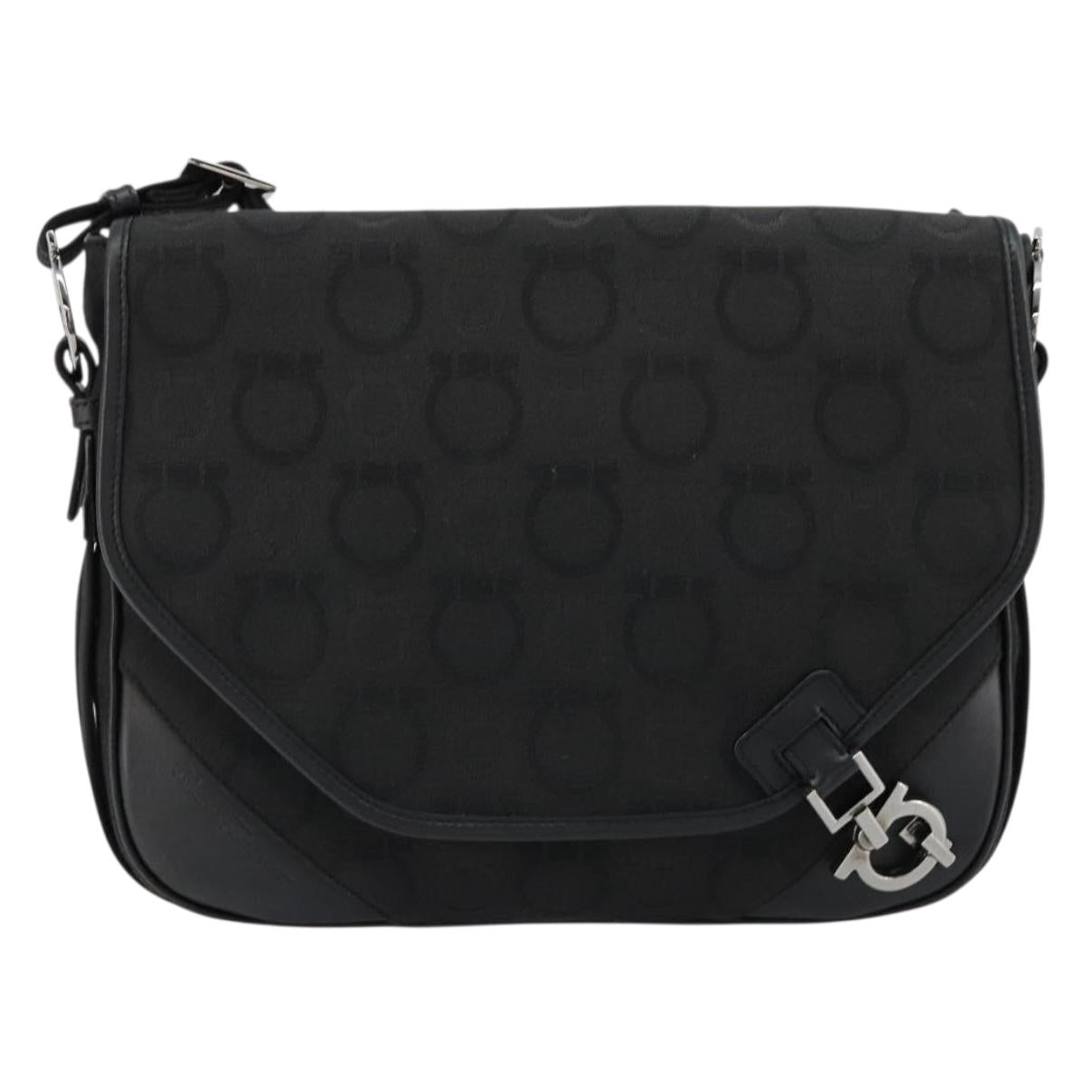Salvatore Ferragamo Gancini Shoulder Bag Canvas Black Silver Auth bs35520