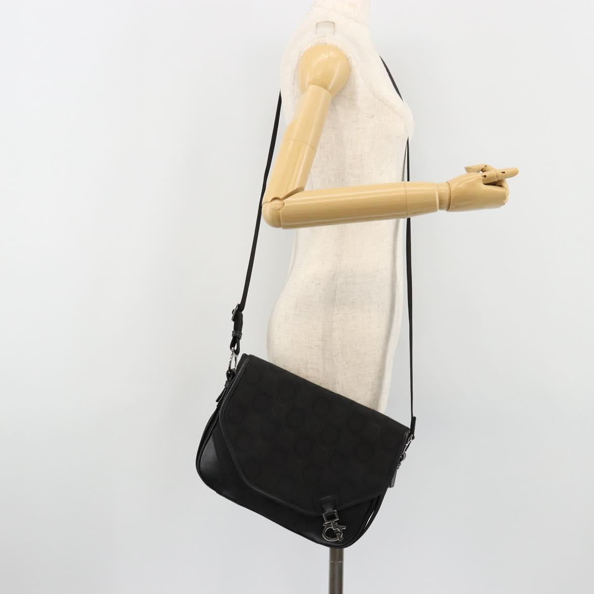 Salvatore Ferragamo Gancini Shoulder Bag Canvas Black Silver Auth bs35520