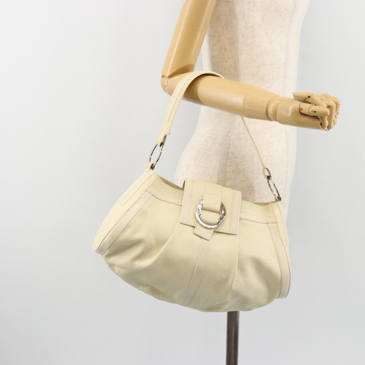 BVLGARI Shoulder Bag Leather Ivory Silver Auth bs35521