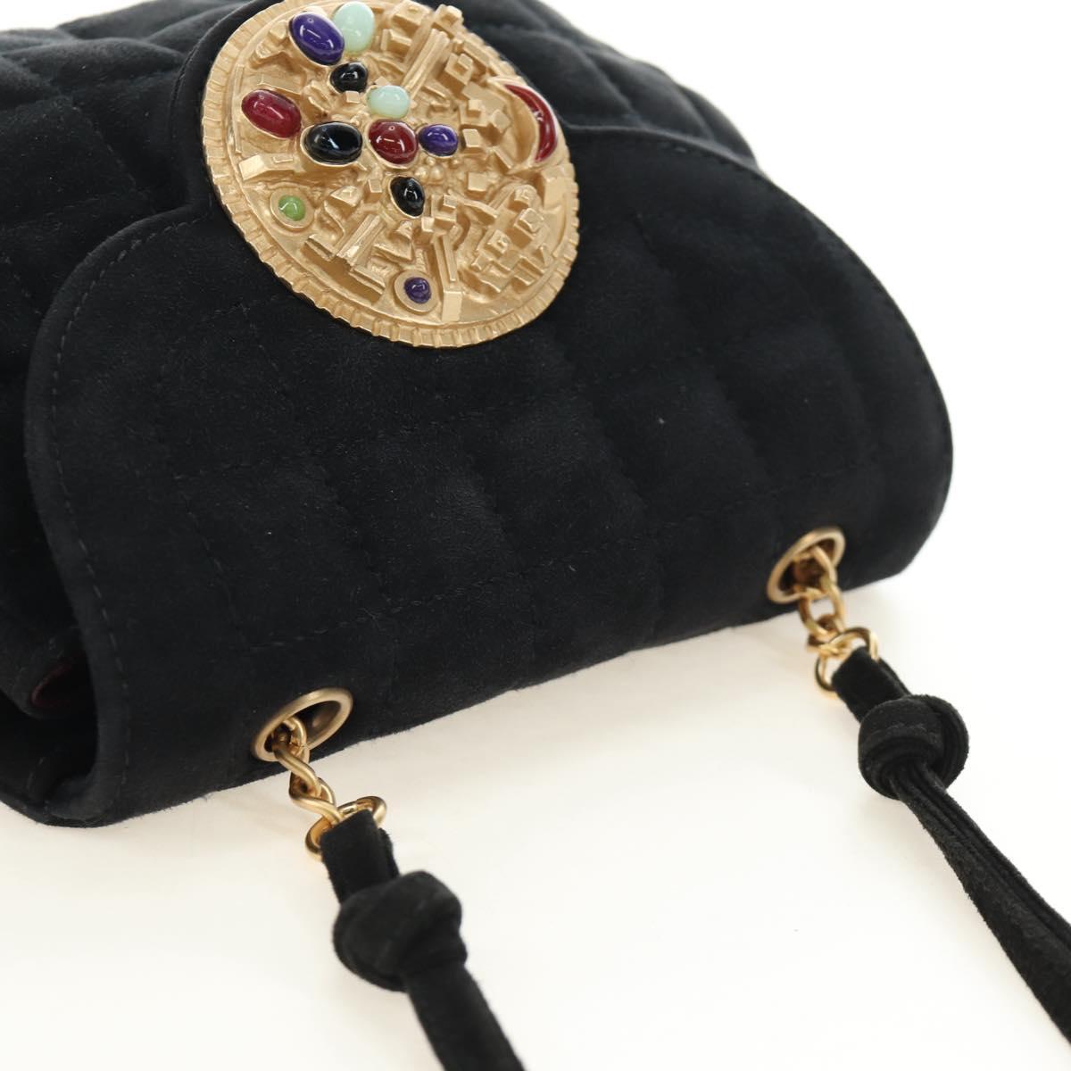 CHANEL Choco Bar Shoulder Bag Suede Black Gold CC Auth bs35523V