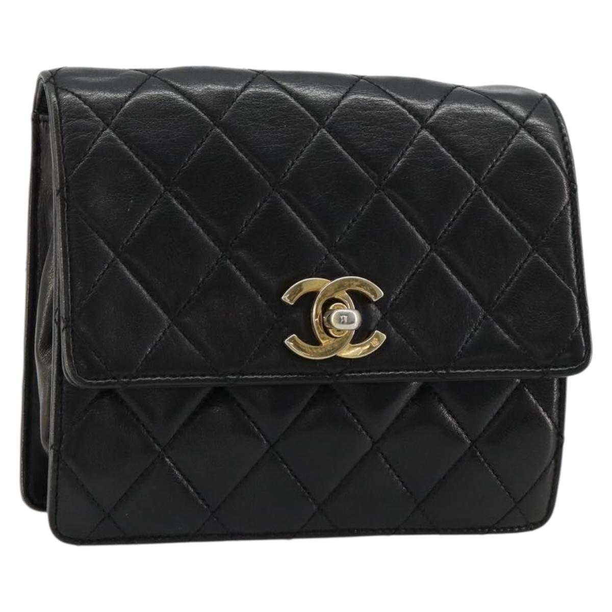 CHANEL Matelasse Waist Bag Lamb Skin Black Gold CC Auth bs35524