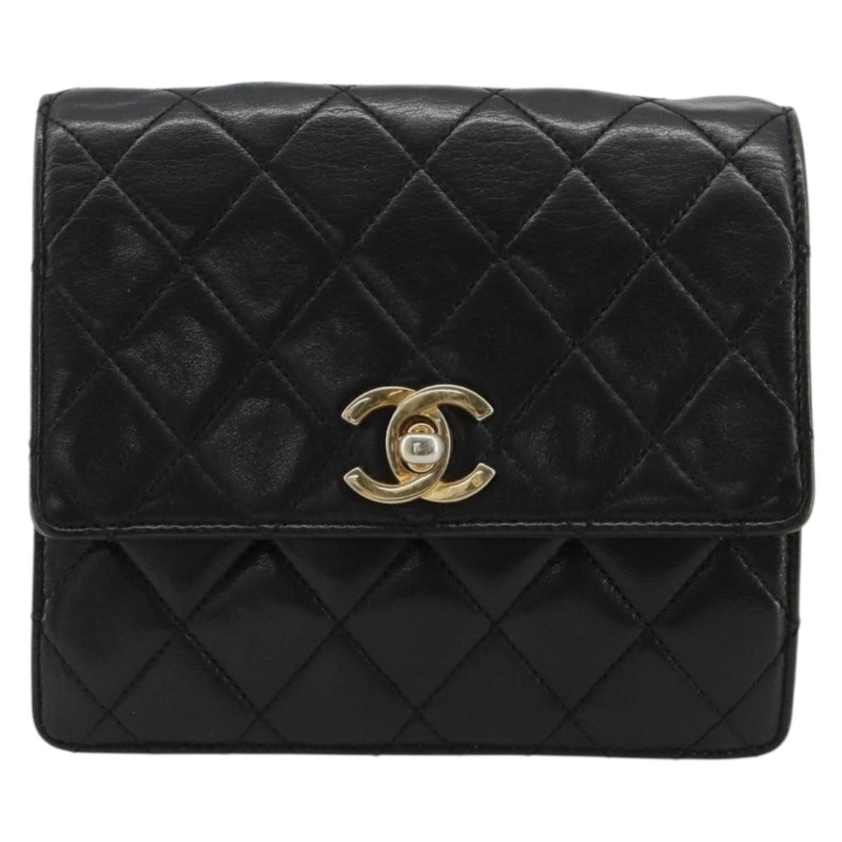 CHANEL Matelasse Waist Bag Lamb Skin Black Gold CC Auth bs35524