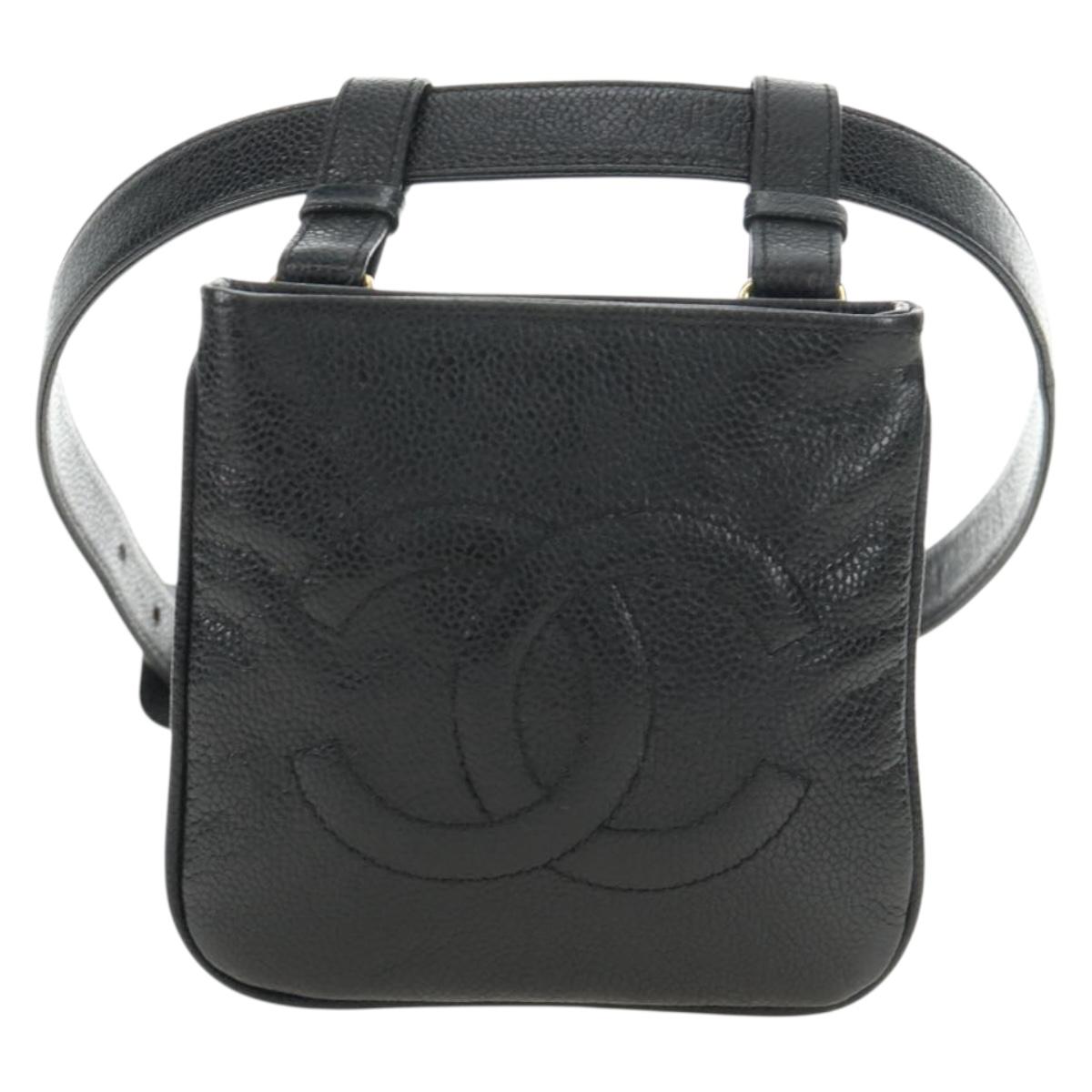 CHANEL Waist Bag Caviar Skin Black Gold CC Auth bs35525V