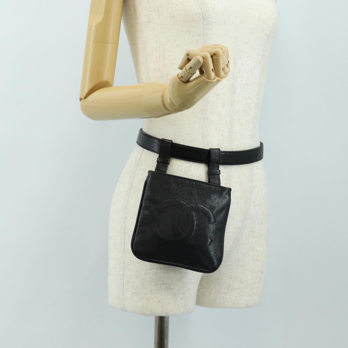 CHANEL Waist Bag Caviar Skin Black Gold CC Auth bs35525V