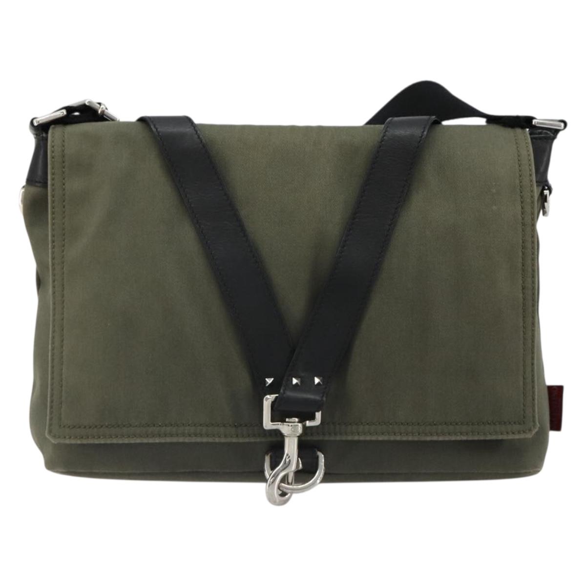 VALENTINO Shoulder Bag Canvas Khaki Silver Auth bs35528