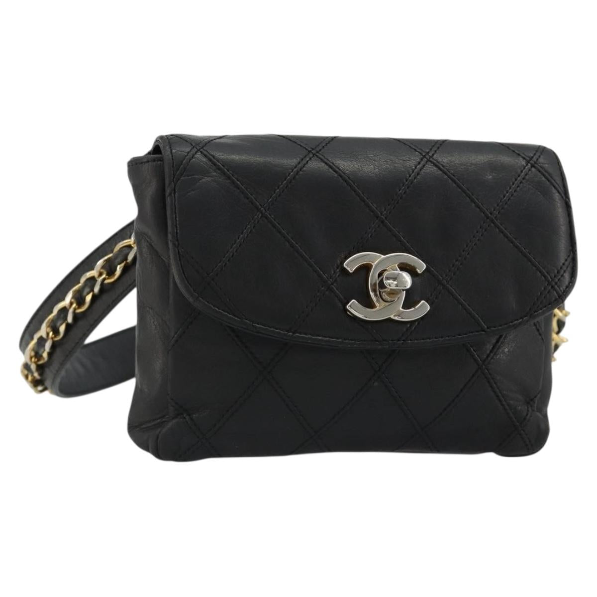 CHANEL Bicolore Waist Bag Lamb Skin Black Gold CC Auth bs35541