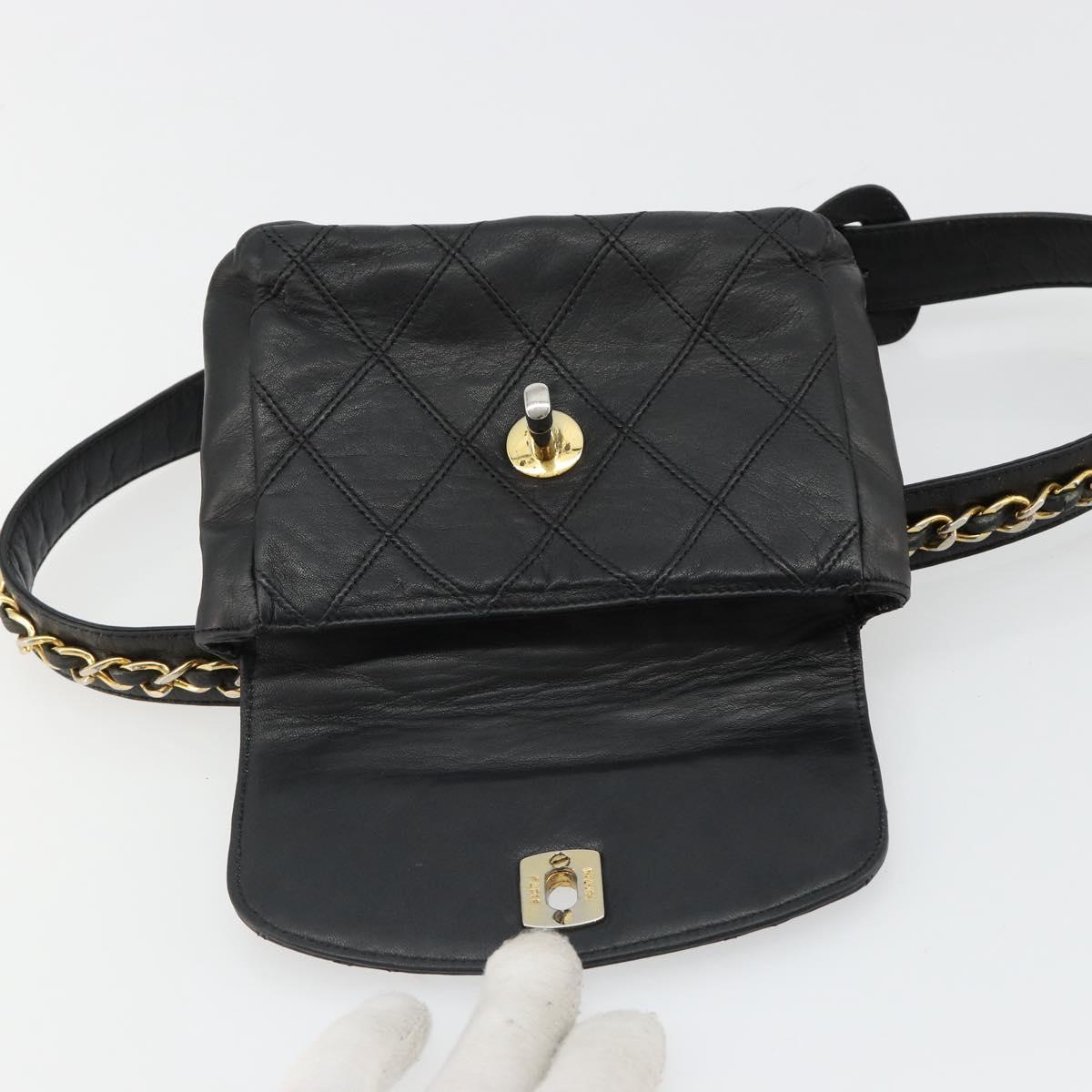 CHANEL Bicolore Waist Bag Lamb Skin Black Gold CC Auth bs35541